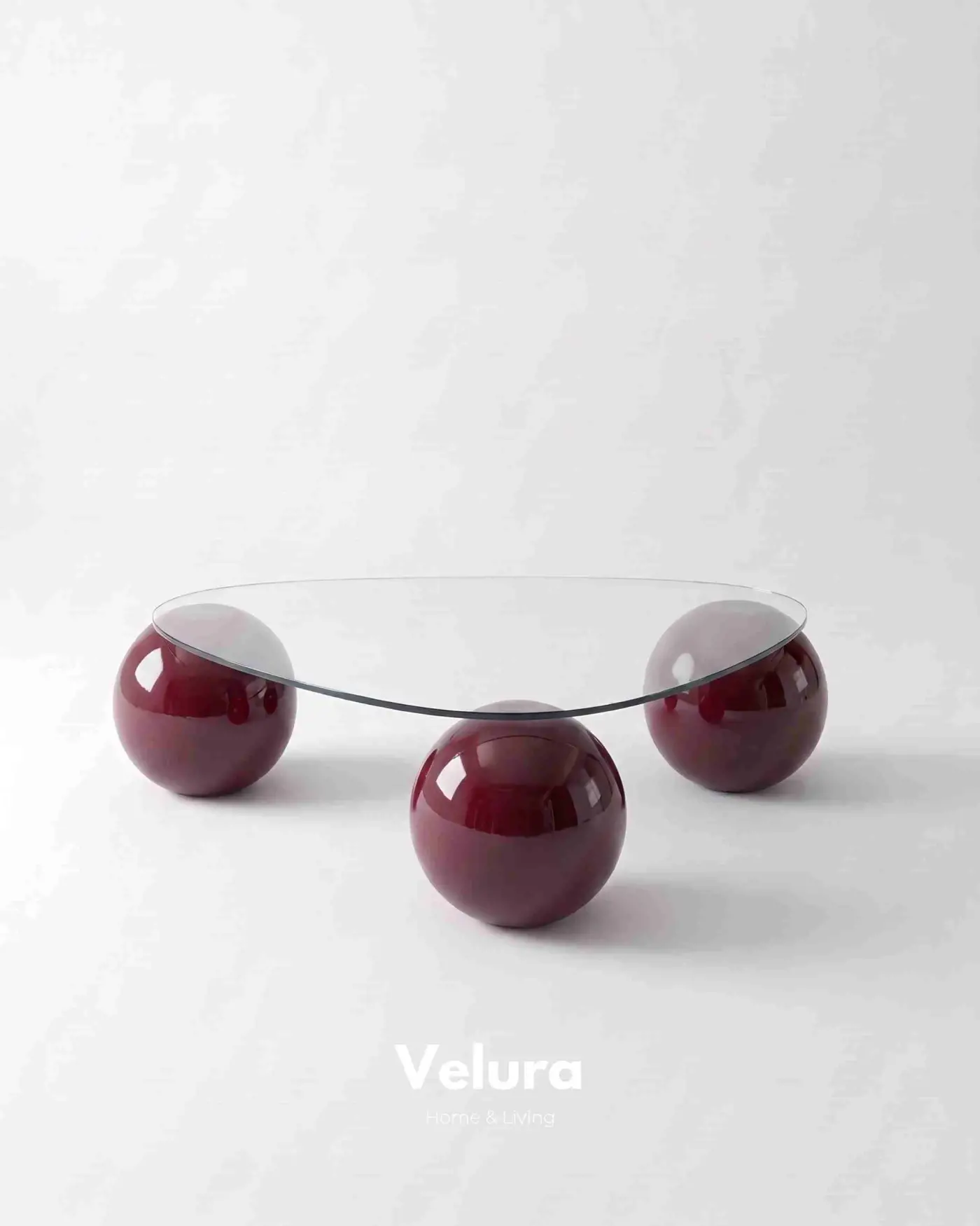 Modern tasarımlı bordo küre ayaklı üçgen orta sehpa