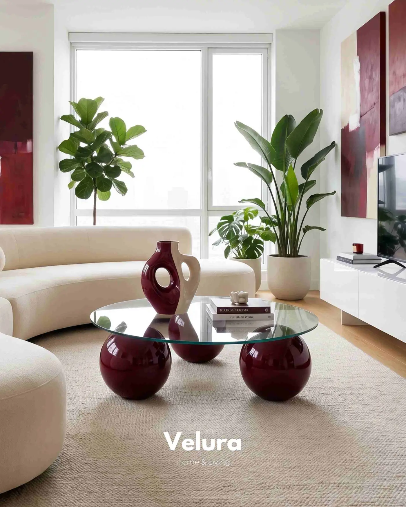 Şeffaf yuvarlak cam yüzeyli modern bordo sehpa