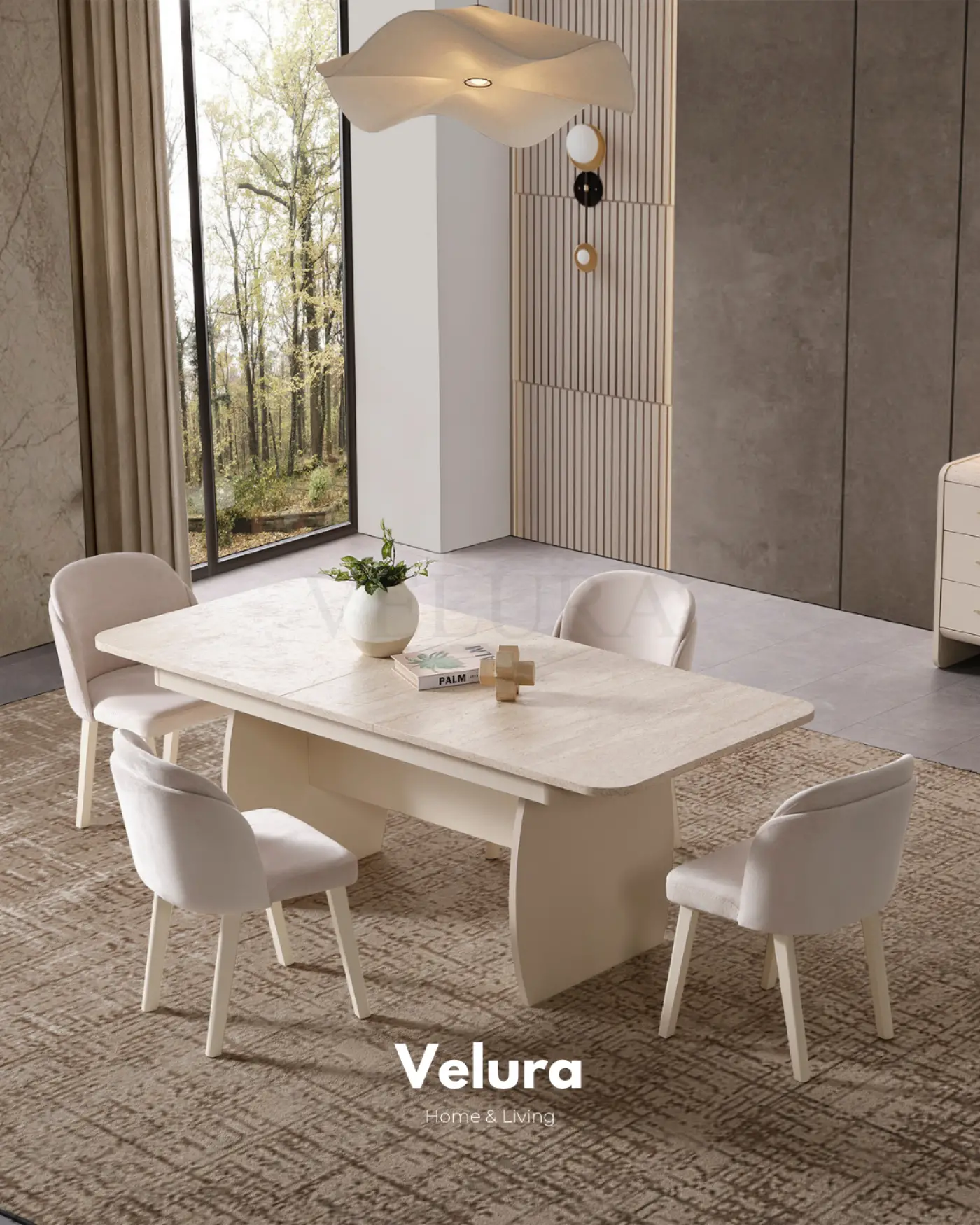 Defne Yemek Masası Krem traverten desenli açılır yemek masası