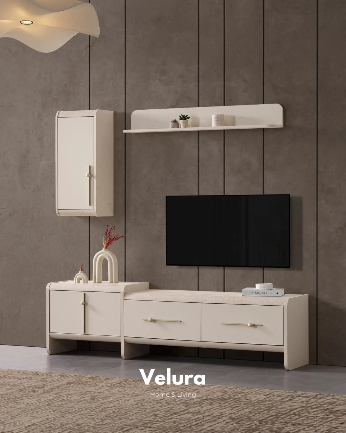 Defne Tv Ünitesi Krem traverten desenli modern tv ünitesi