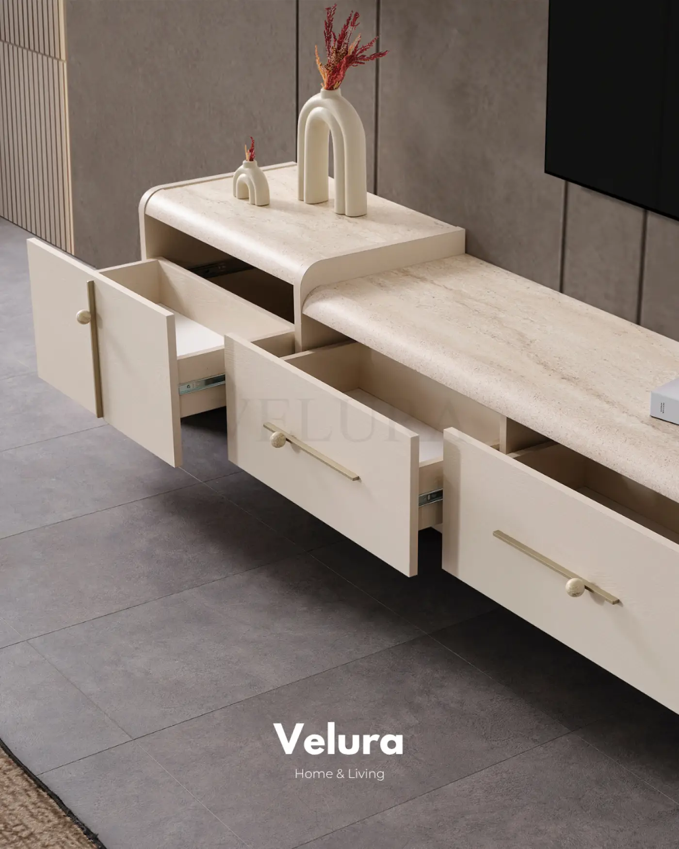 Defne Tv Ünitesi Krem traverten desenli modern tv ünitesi