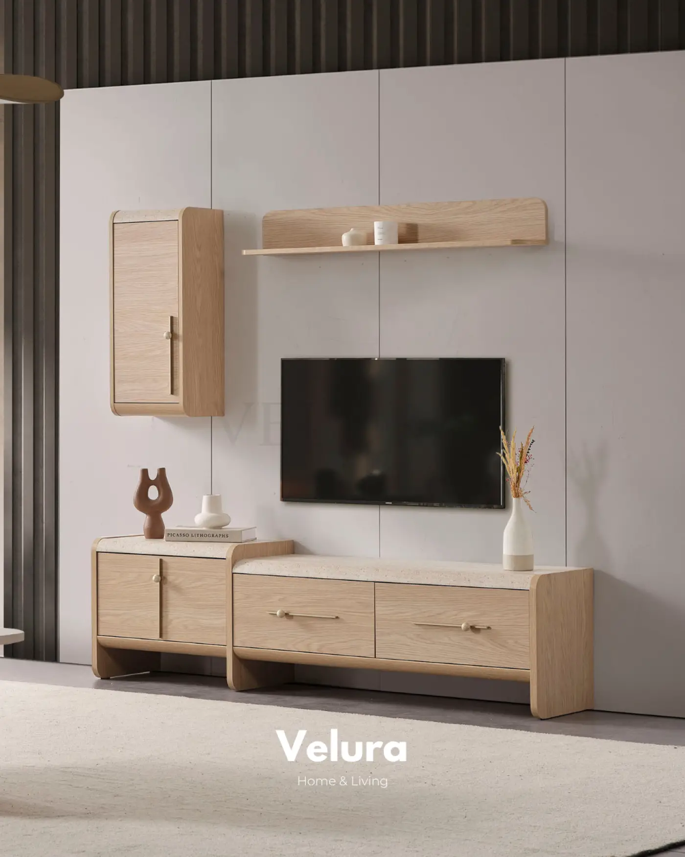 Defne Tv Ünitesi Natural Meşe traverten desenli modern tv ünitesi
