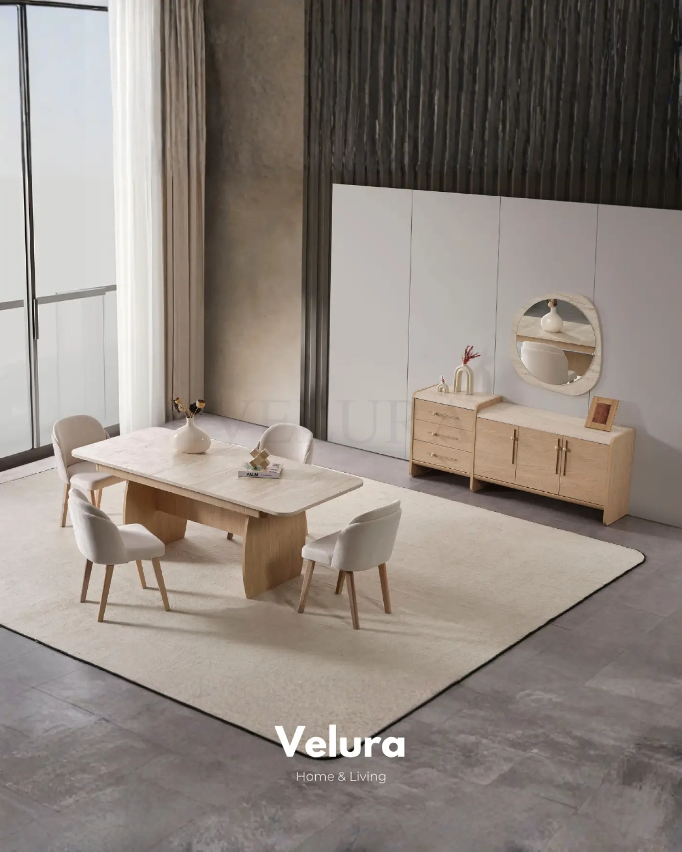Defne Yemek Masası Natural Meşe traverten desenli açılır yemek masası