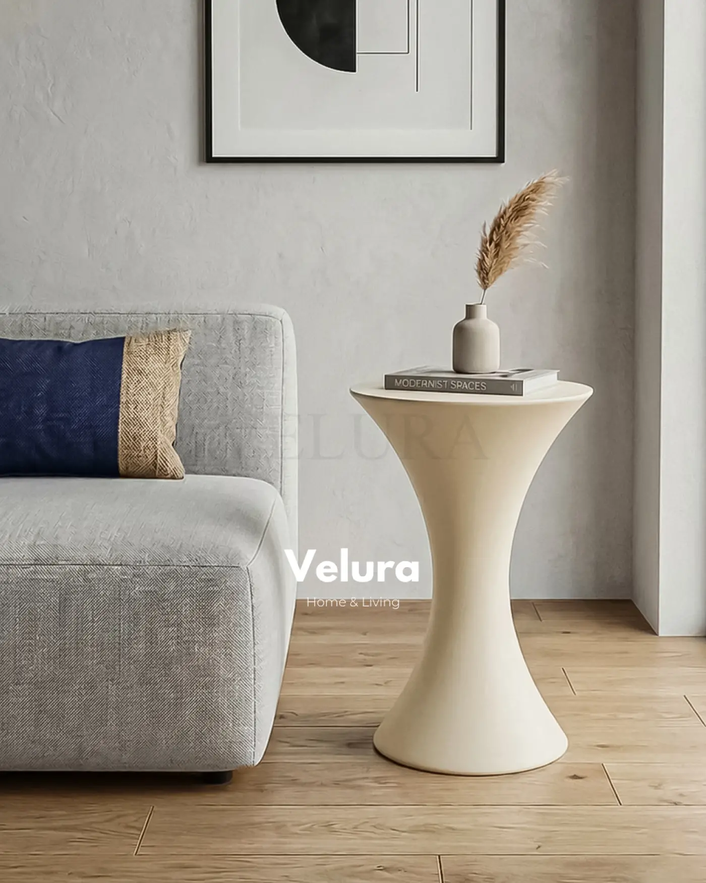 Velura Home Dante Yan Sehpa Krem yuvarlak tablalı modern poliüretan sehpa
