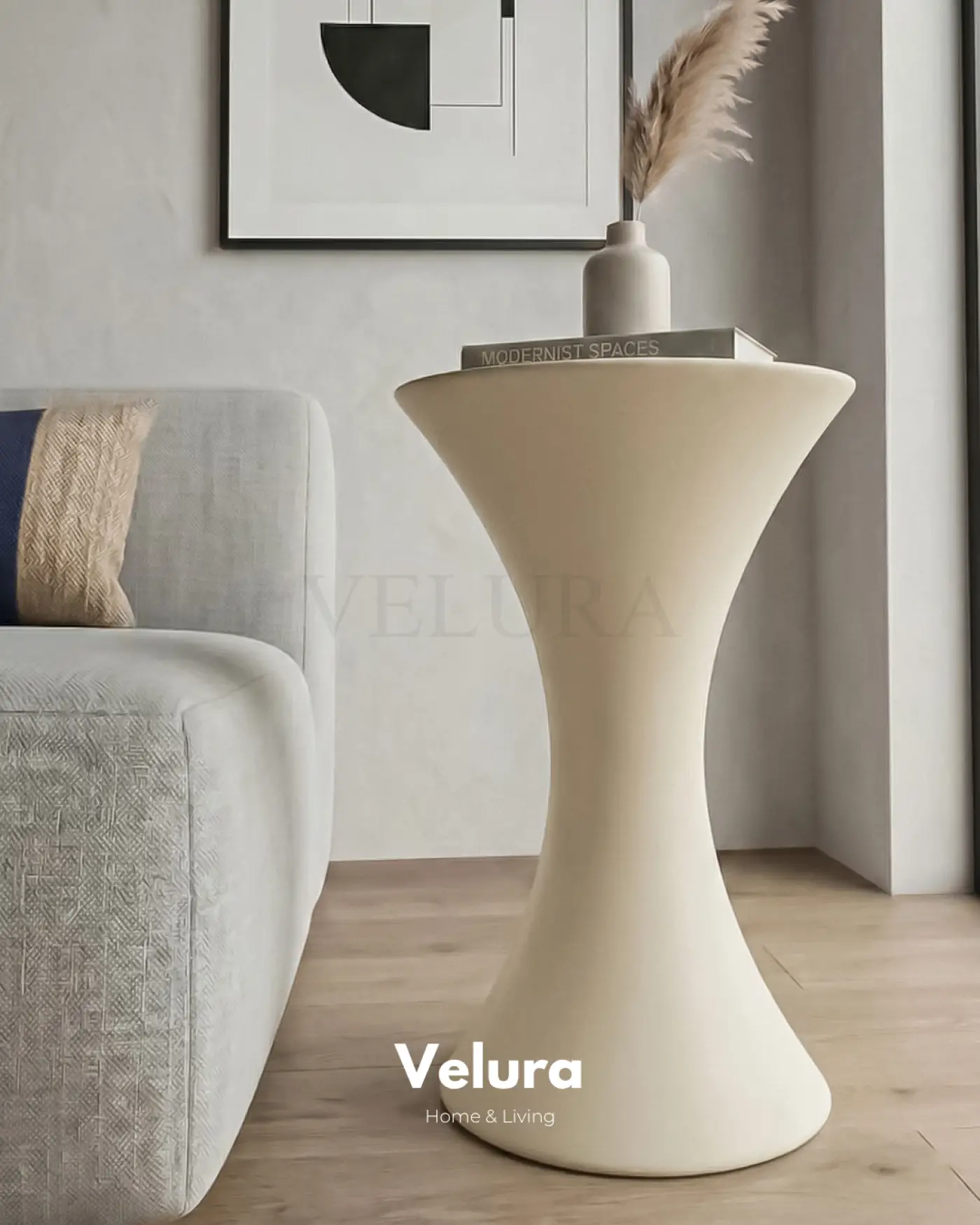 Velura Home Dante Yan Sehpa Krem yuvarlak tablalı modern poliüretan sehpa