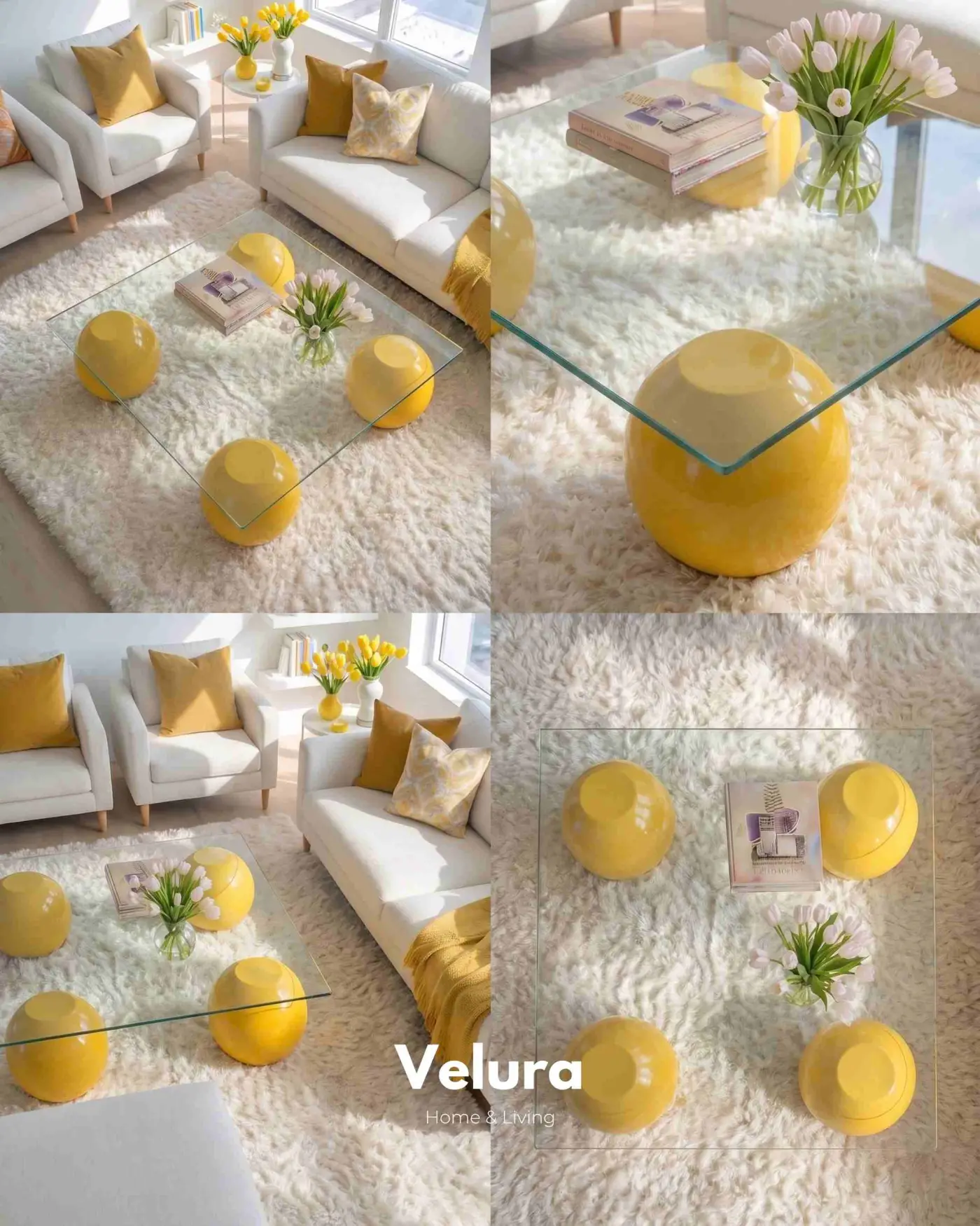 Sarı Küre Ayaklı Kare Şeffaf Cam Sehpa