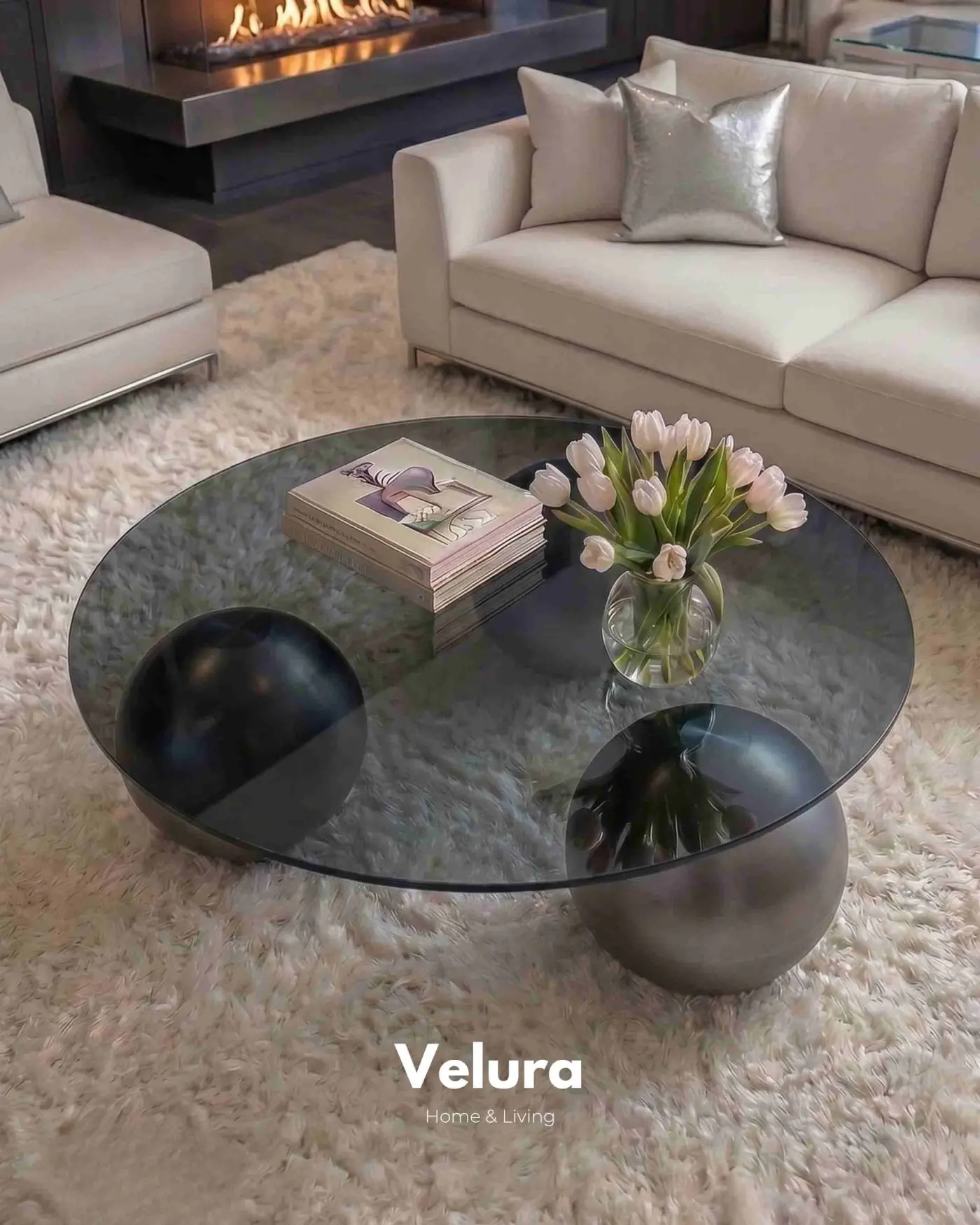 Modern Silver Küre Ayaklı Yuvarlak Cam Sehpa
