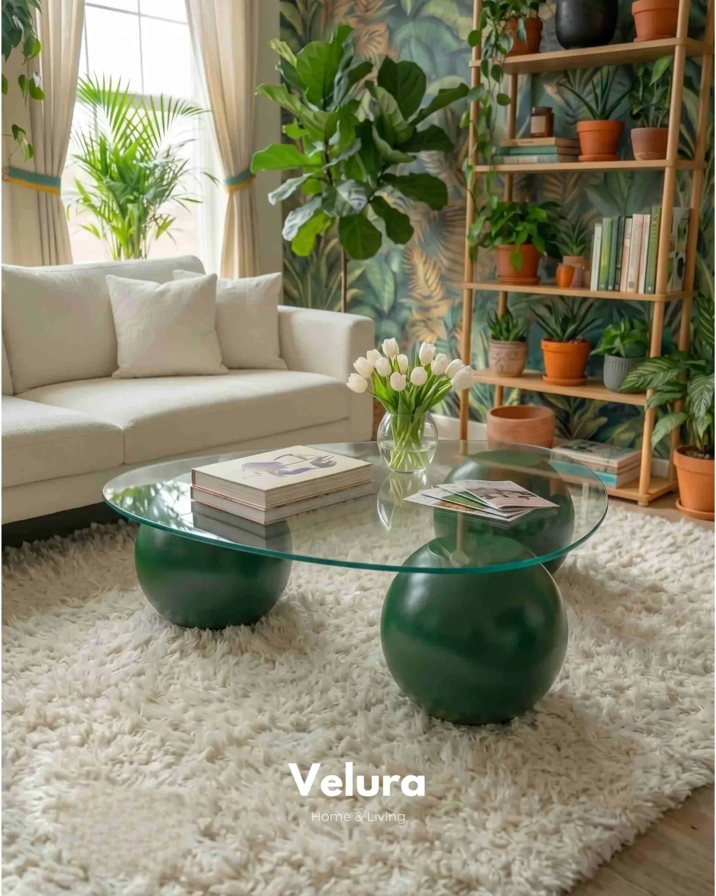 100x80 cm Üçgen Şeffaf Cam Yeşil Küre Orta Sehpa
