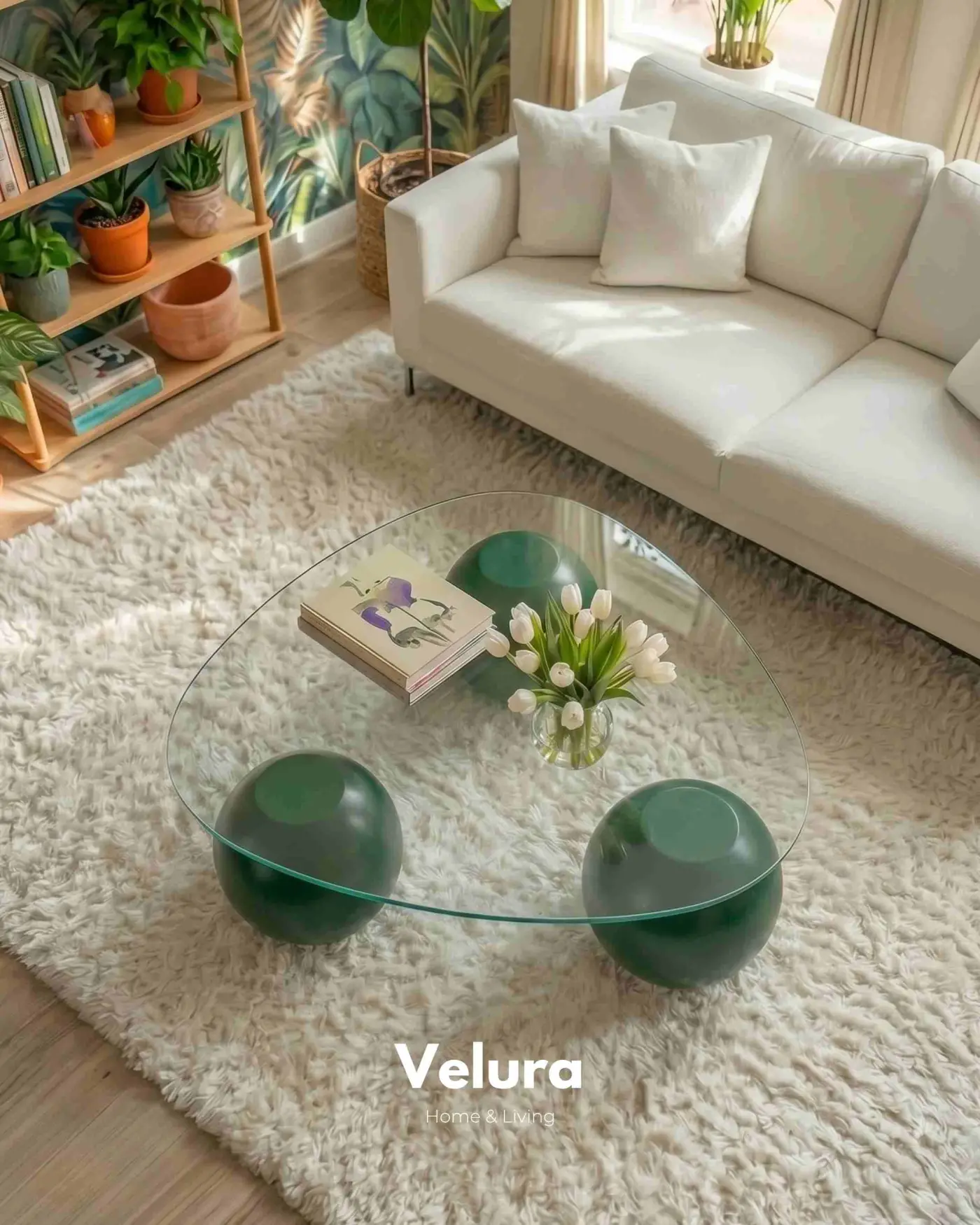 100x80 cm Üçgen Şeffaf Cam Yeşil Küre Orta Sehpa