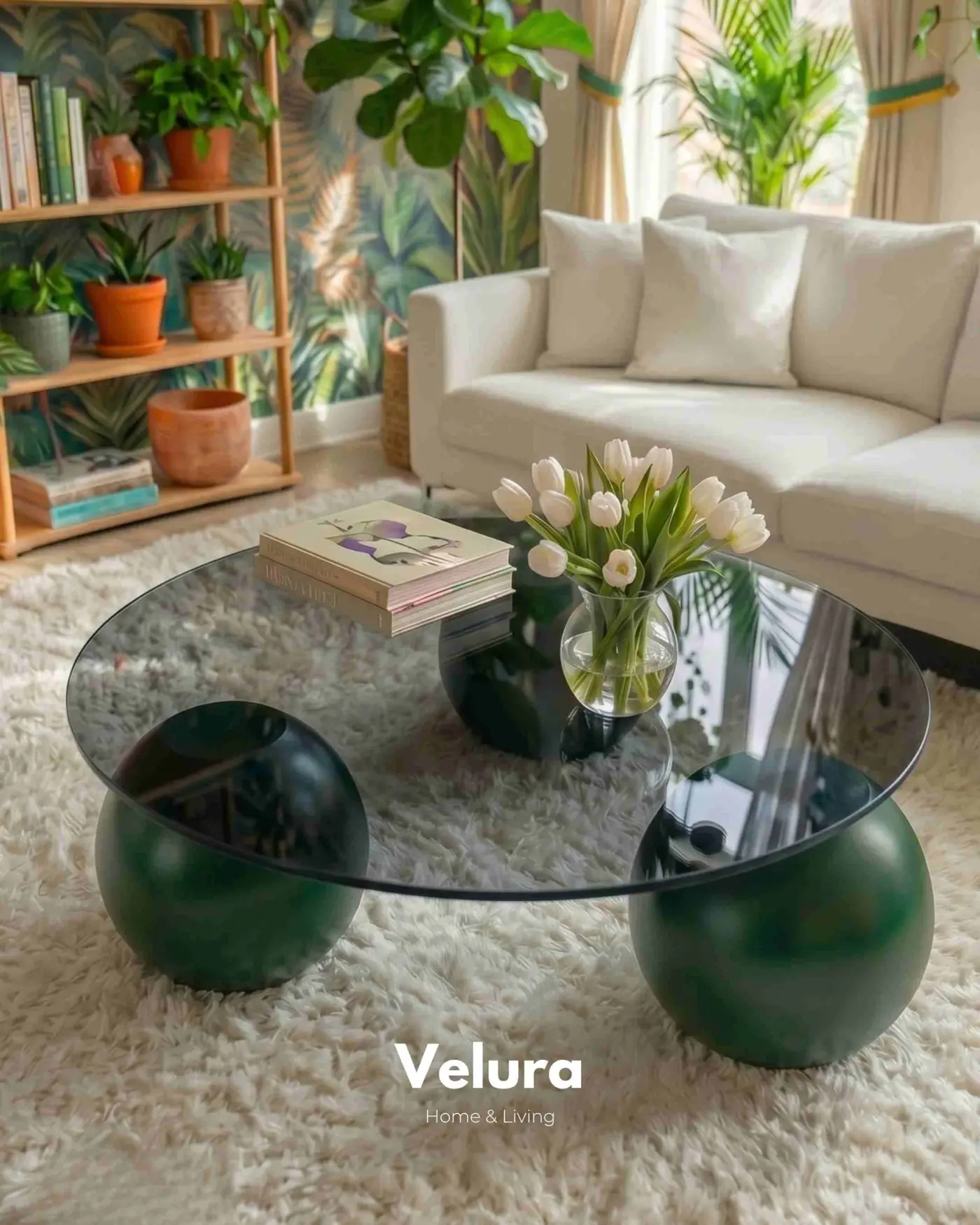 Modern Yeşil Küre Ayaklı Yuvarlak Cam Sehpa