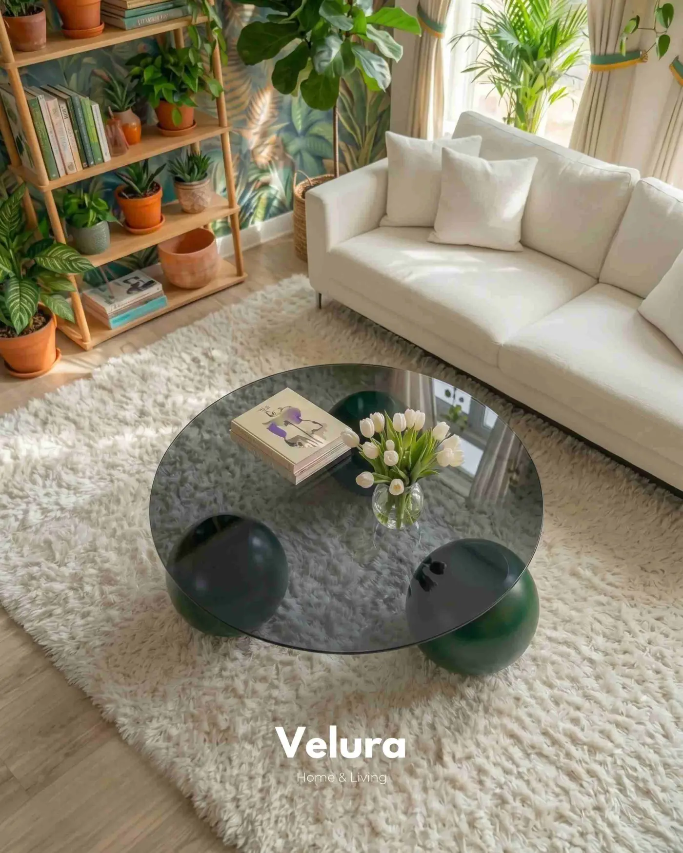 Modern Yeşil Küre Ayaklı Yuvarlak Cam Sehpa