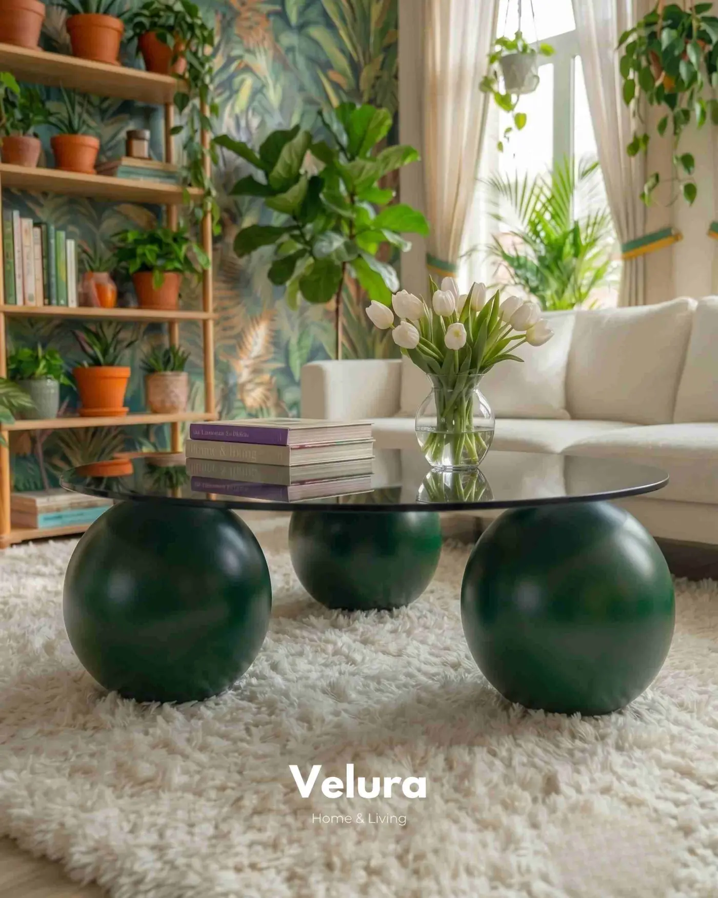 Modern Yeşil Küre Ayaklı Yuvarlak Cam Sehpa