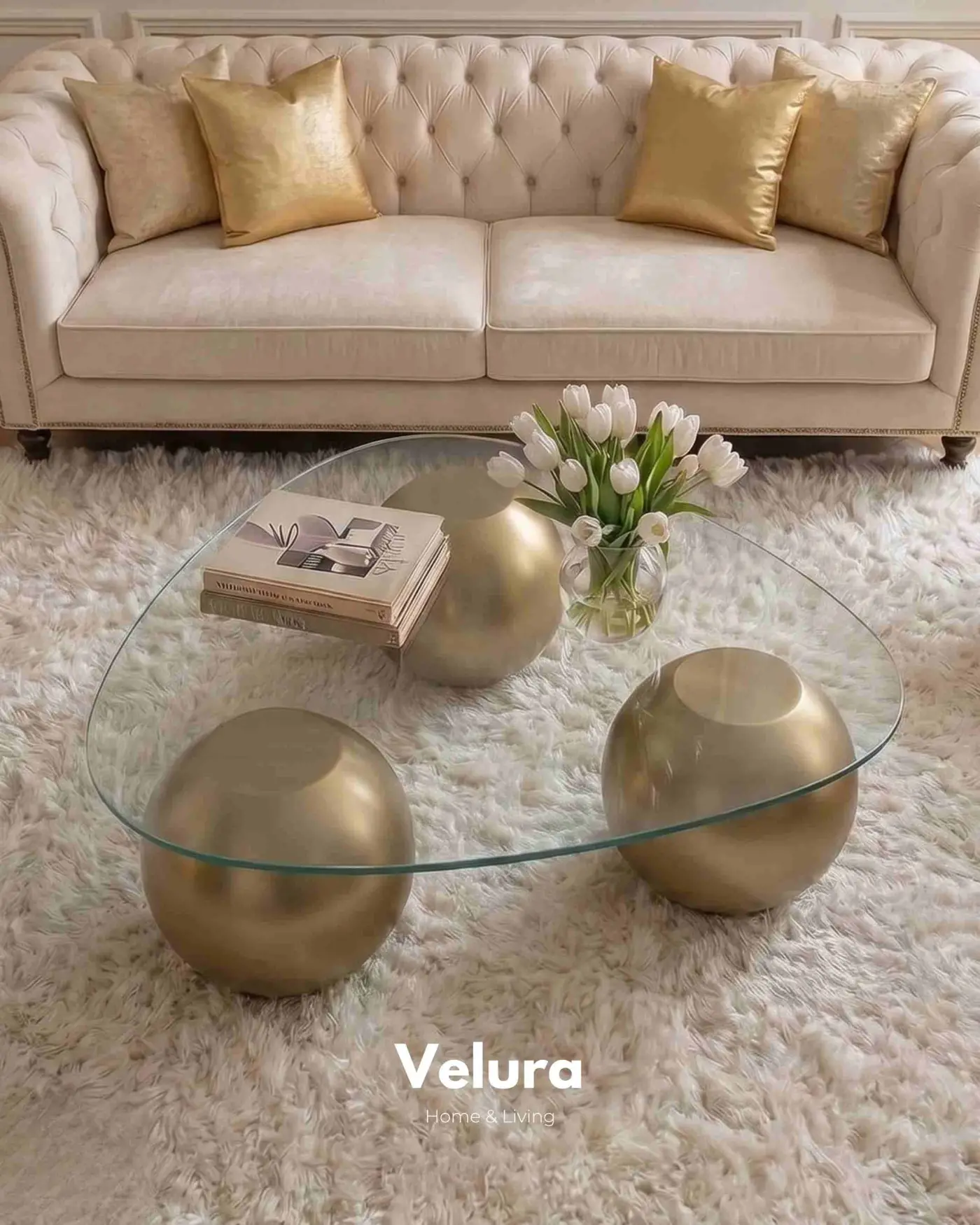 100x80 cm Üçgen Şeffaf Cam Gold Küre Orta Sehpa