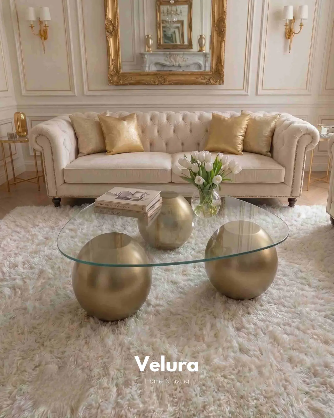 100x80 cm Üçgen Şeffaf Cam Gold Küre Orta Sehpa