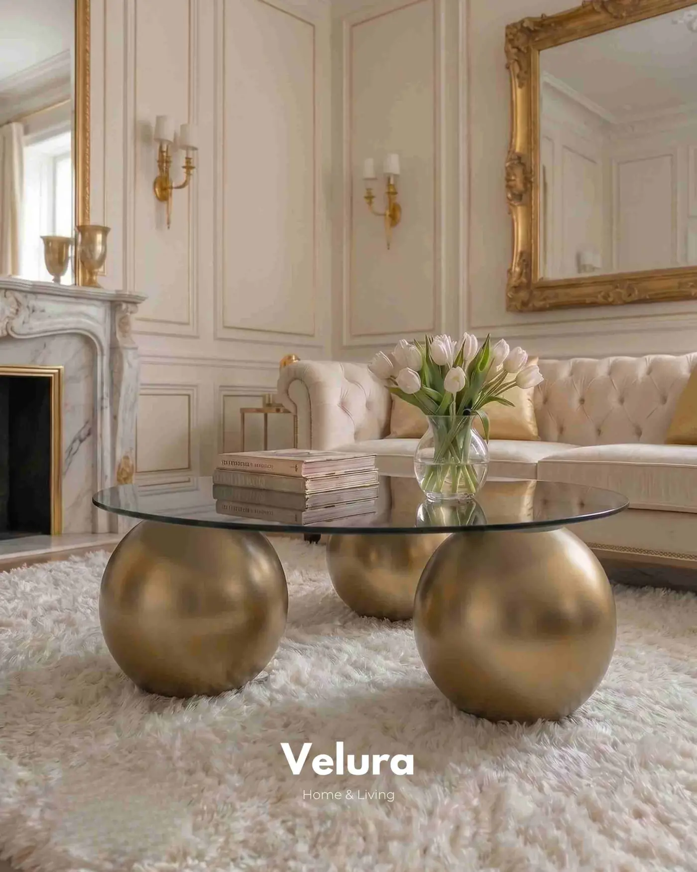 Yuvarlak Füme Cam ve Gold Küre Sehpa