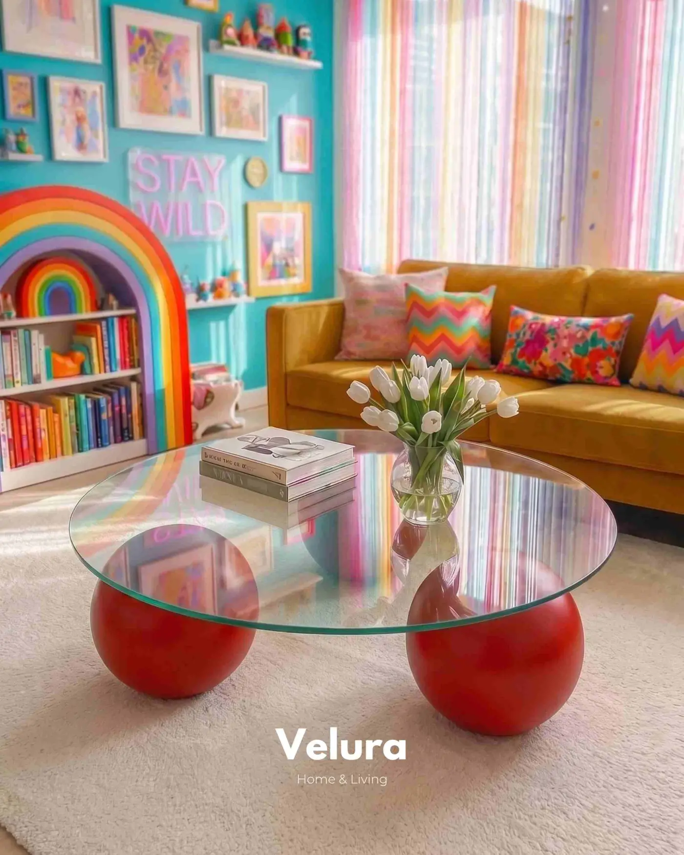 Modern Salon İçin Kırmızı Yuvarlak Şeffaf Cam Orta Sehpa