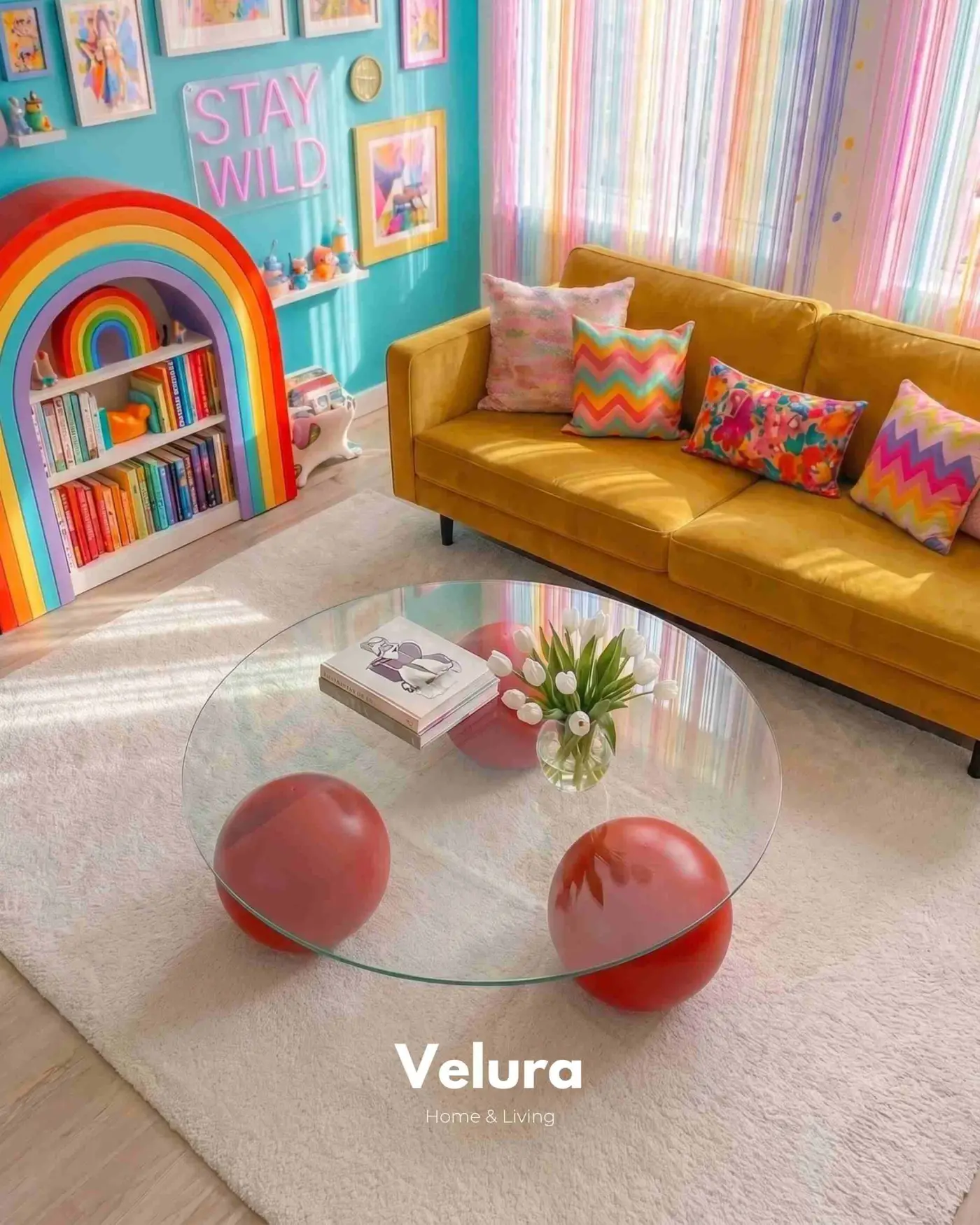 Modern Salon İçin Kırmızı Yuvarlak Şeffaf Cam Orta Sehpa