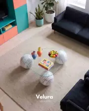 Küre Orta Sehpa - Beyaz Traverten Mermer - Şeffaf Üçgen Cam