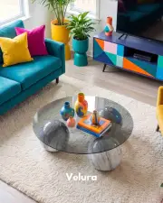 Küre Orta Sehpa - Beyaz Traverten Mermer - Füme Yuvarlak Cam
