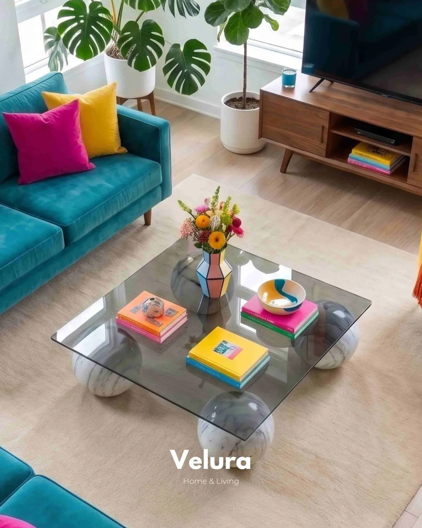Modern Salon İçin Traverten Görünümlü Küre Ayaklı Füme Cam Sehpa