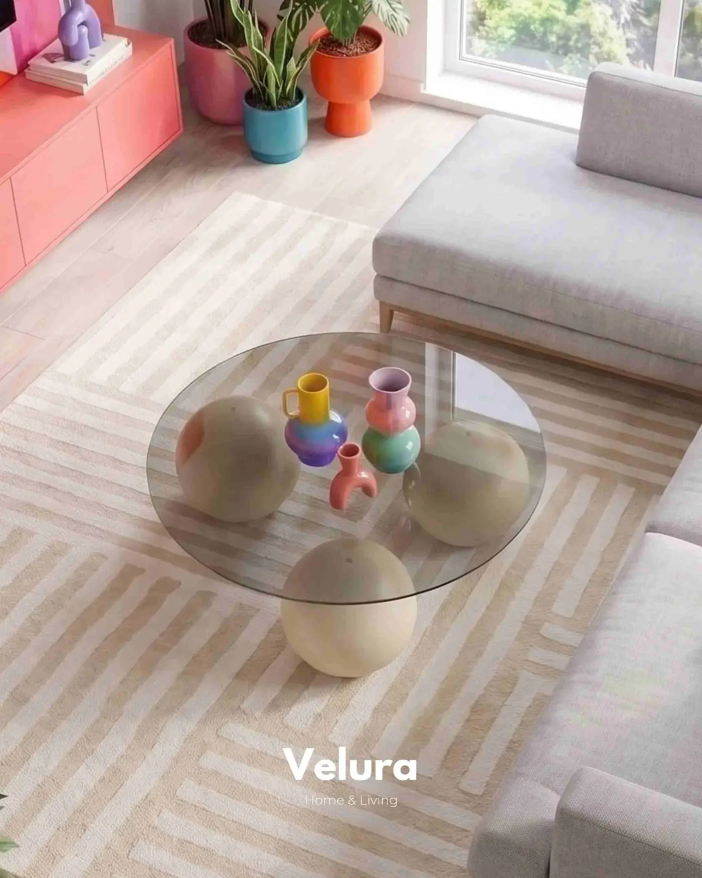 Krem Küre Ayaklı Yuvarlak Füme Cam Orta Sehpa
