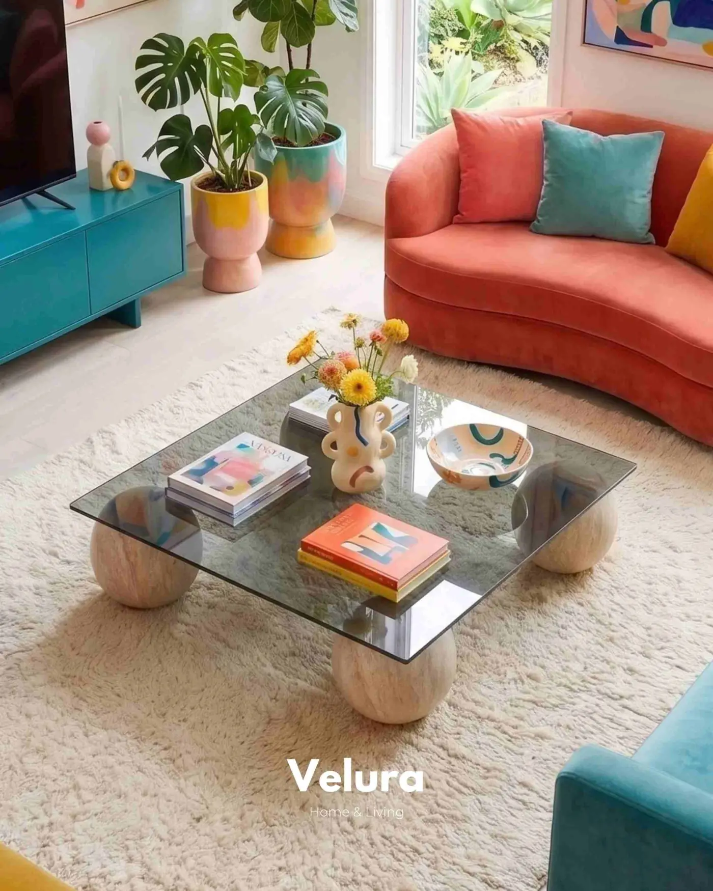 Ay Taşı Görünümlü Modern Kare Füme Cam Sehpa