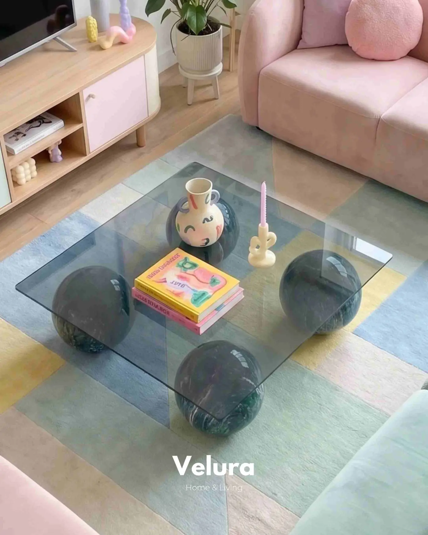 Ocean Mermer Desenli Küre Ayaklı Kare Füme Cam Sehpa