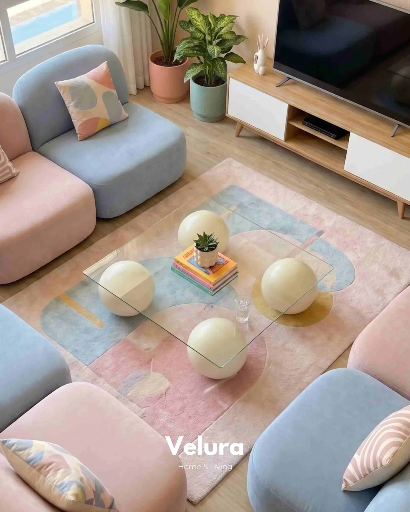 Düz Krem Küre Ayaklı Modern Kare Cam Sehpa