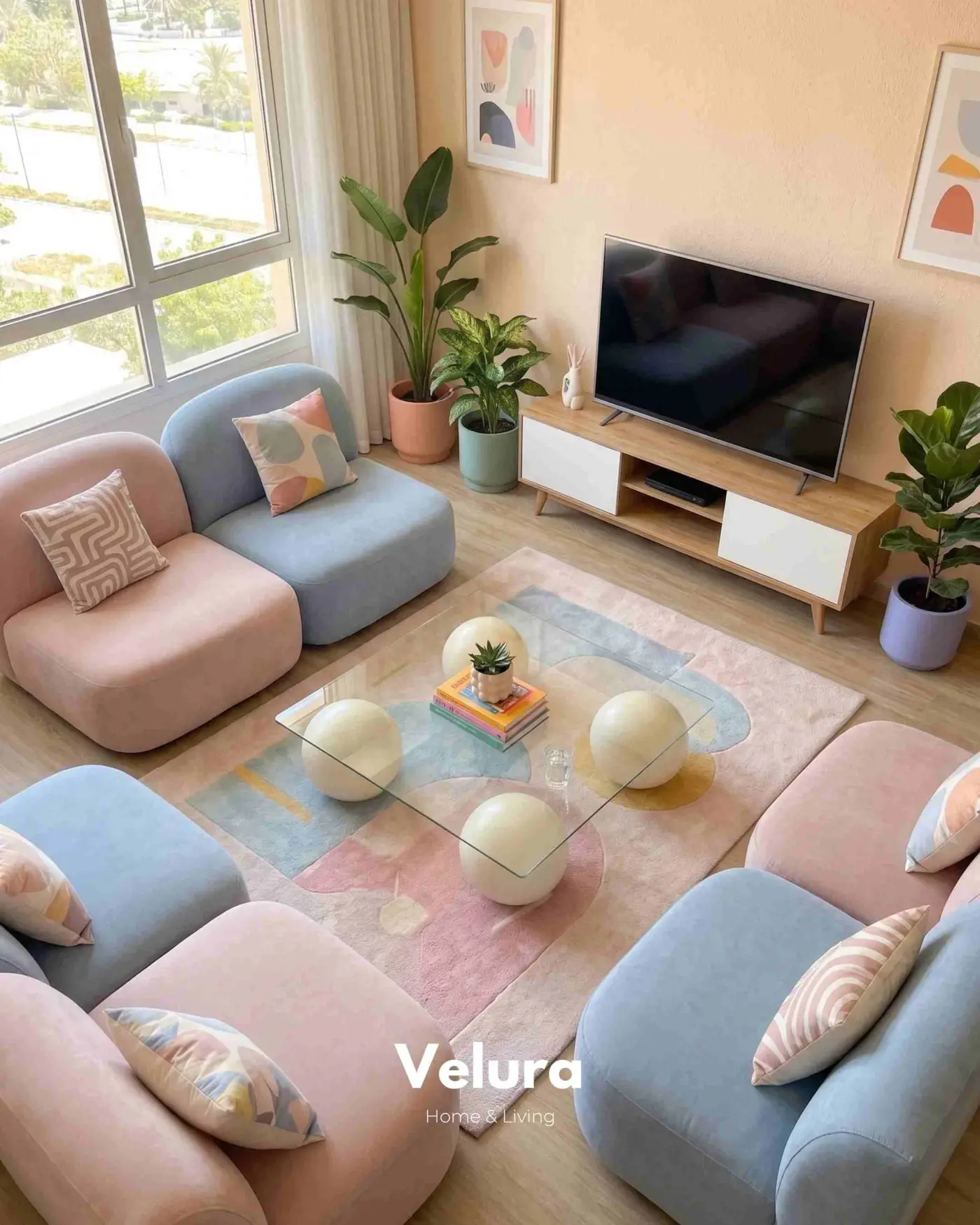 Düz Krem Küre Ayaklı Modern Kare Cam Sehpa