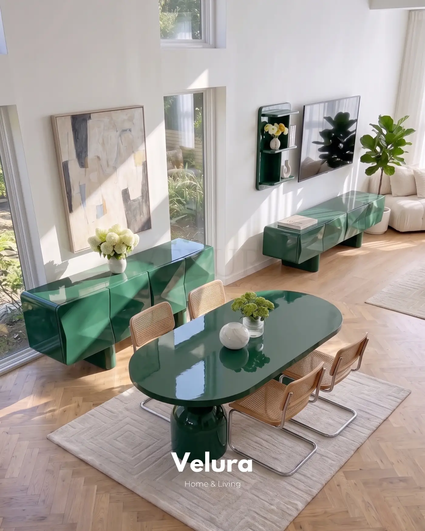 Lura yeşil yemek takımı masa konsol ve TV ünitesi