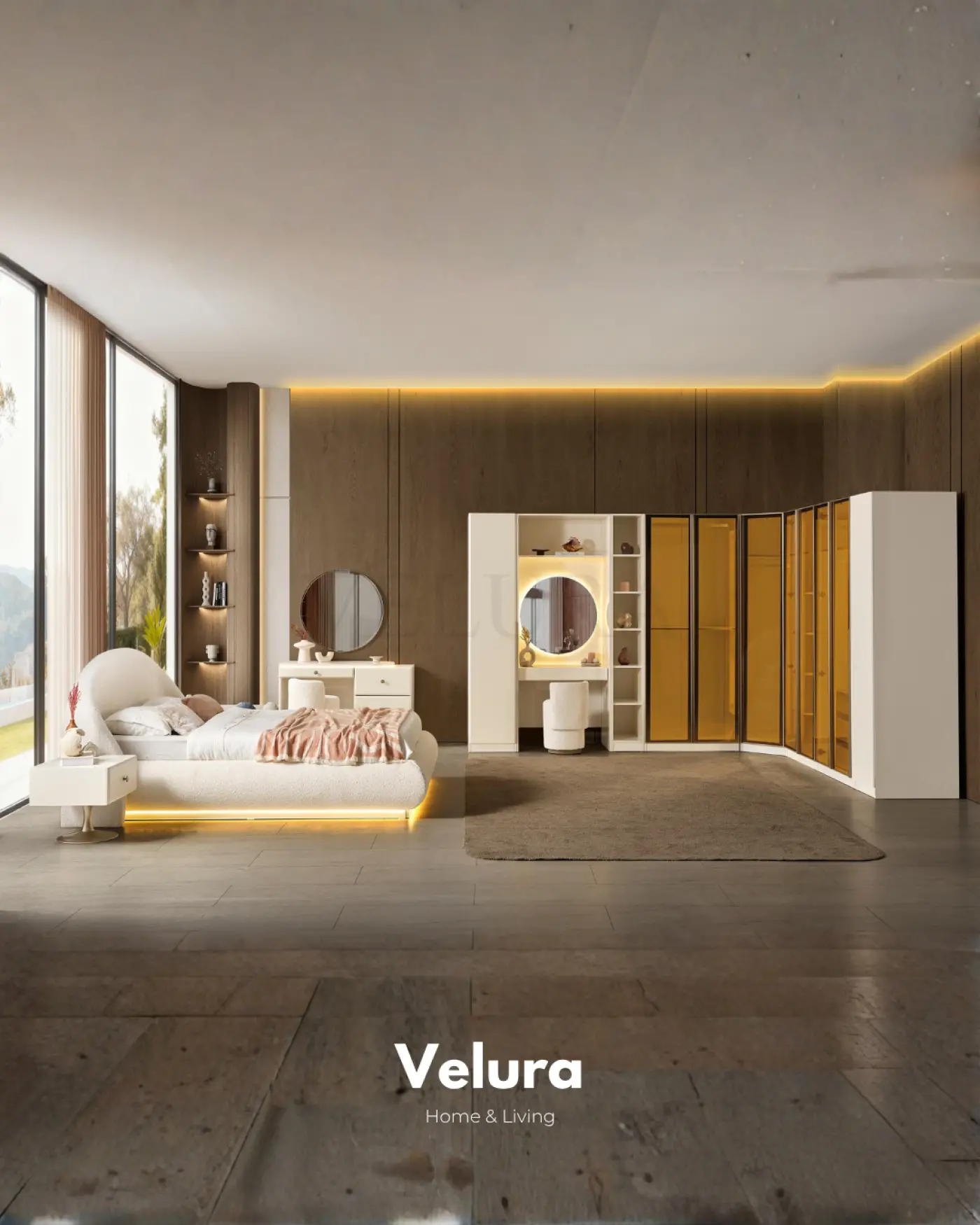 Marcel Yatak Odası Takımı | Köşe Dolap Krem Modern Set Marcel yatak odası takımı Köşe dolap krem modern karyola baza gardırop şifonyer puf komodin set