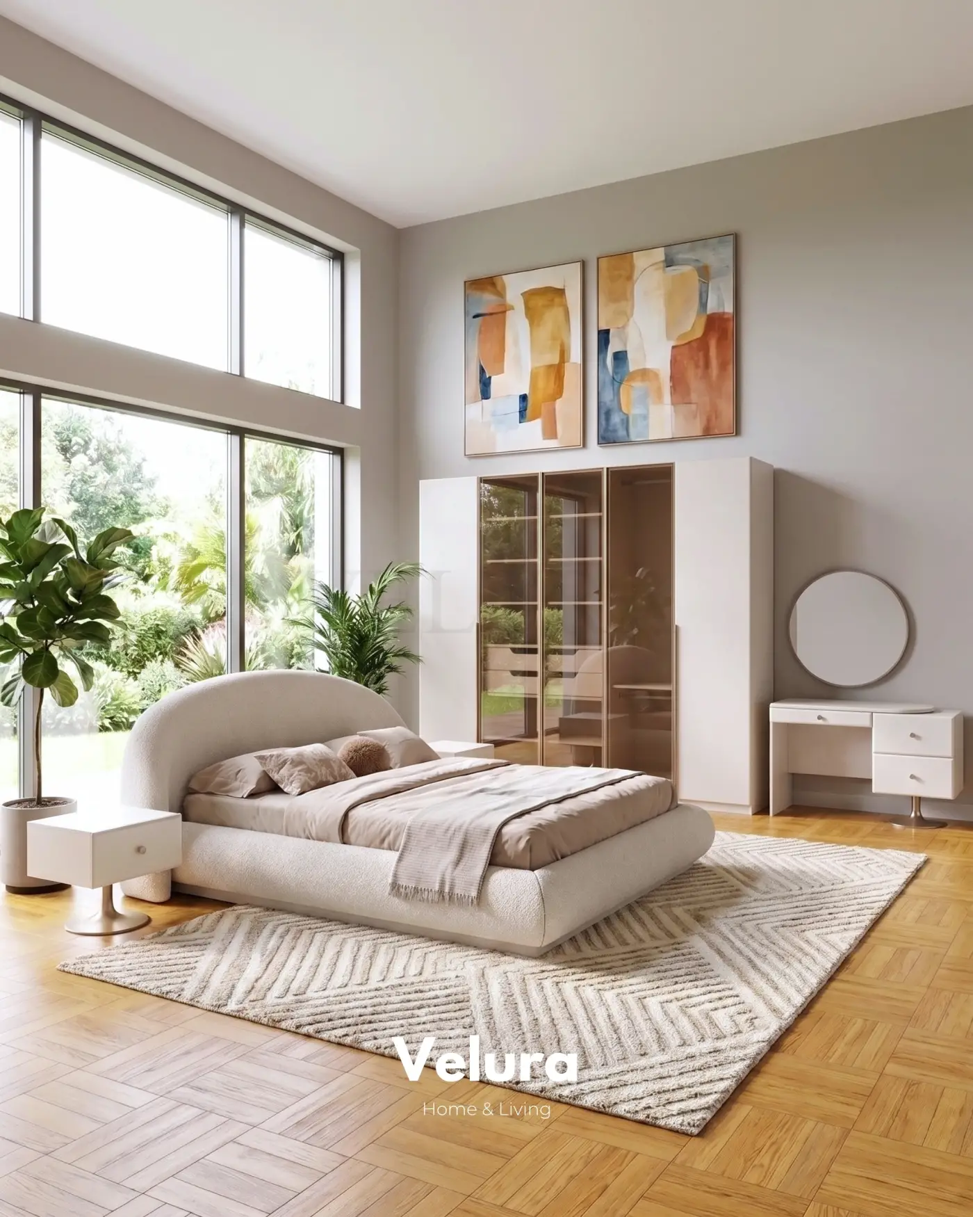 Marcel yatak odası takımı 3 reflekte camlı 5 kapaklı dolap krem modern karyola baza şifonyer puf komodin set