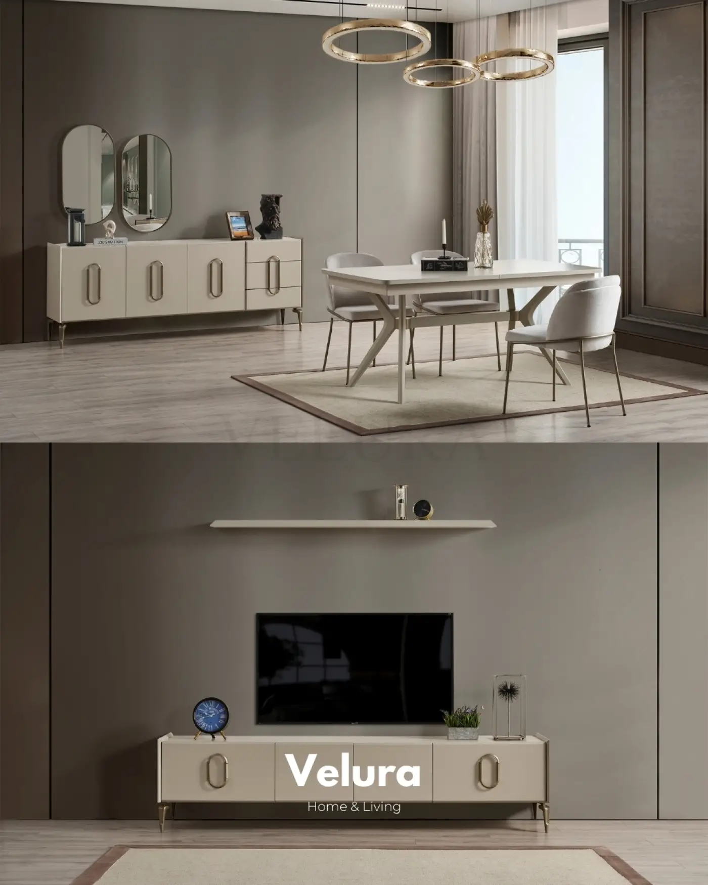 Monaco Yemek Odası Takımı - Krem Modern Açılır Masa Seti Monaco yemek odası takımı krem modern açılır masa konsol tv ünitesi dokuma kumaş sandalye