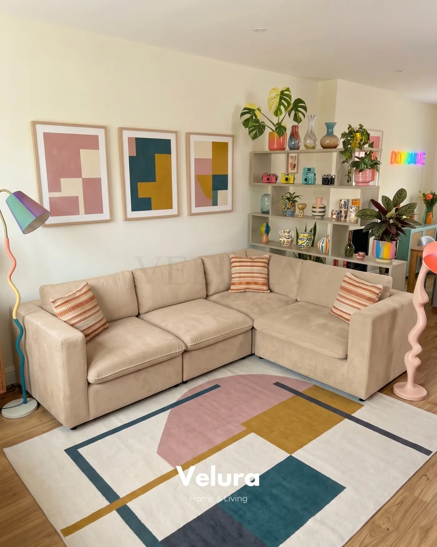 Krem renk 4 modüllü modern Nord köşe koltuk salon görünümü