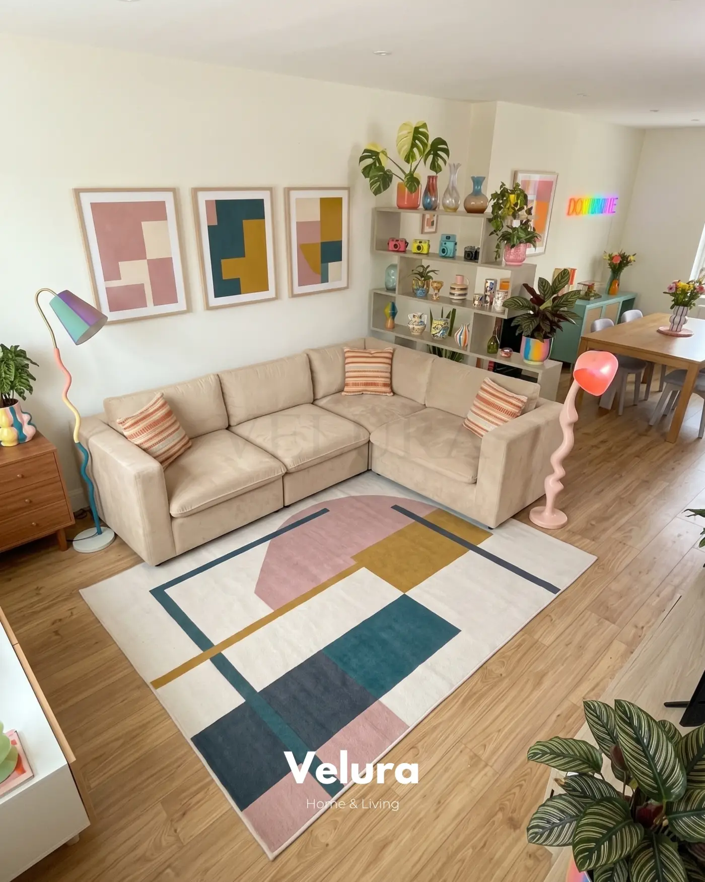 Krem renk 4 modüllü modern Nord köşe koltuk salon görünümü