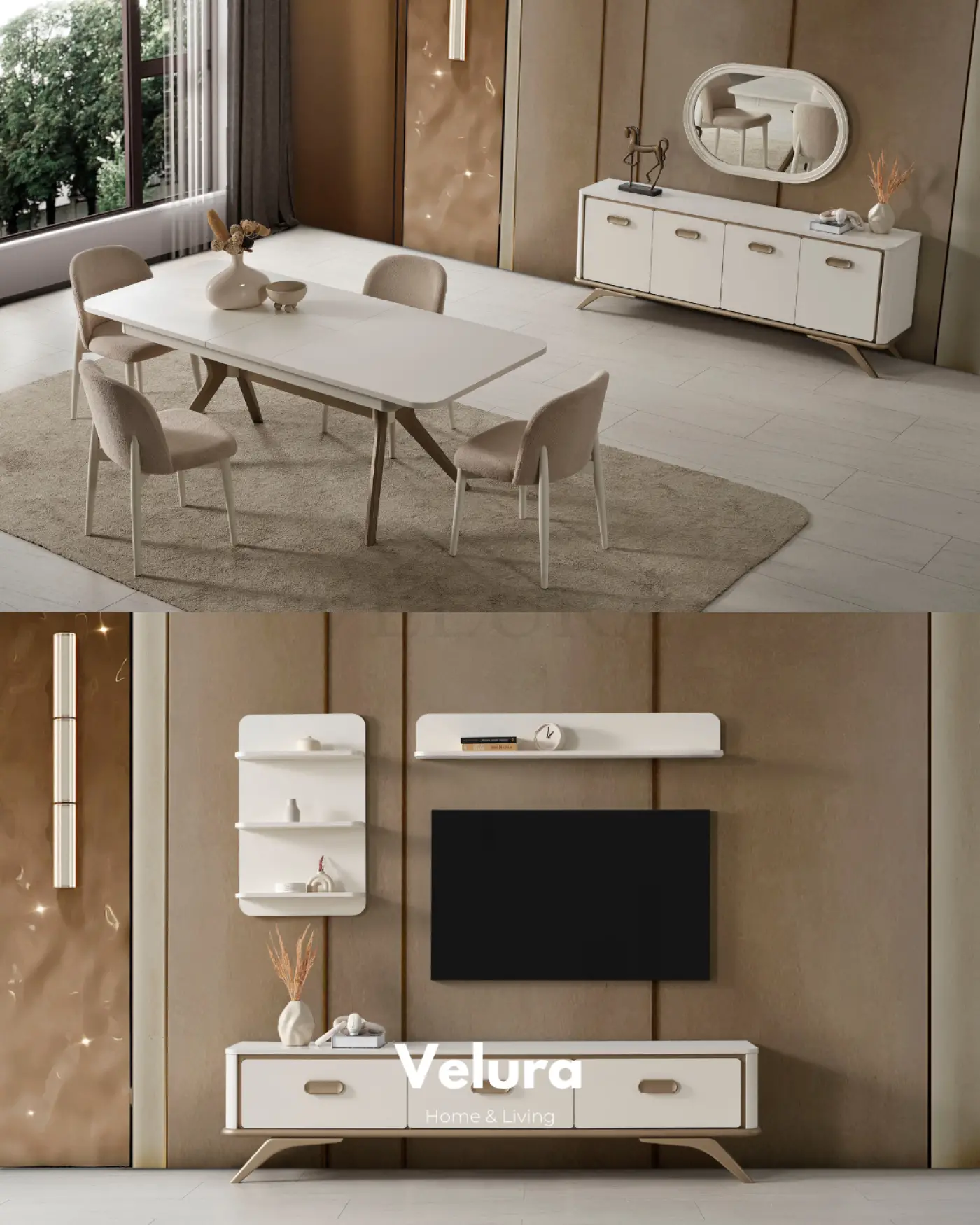 Nova Yemek Masası Krem gold detaylı açılabilir modern yemek masası