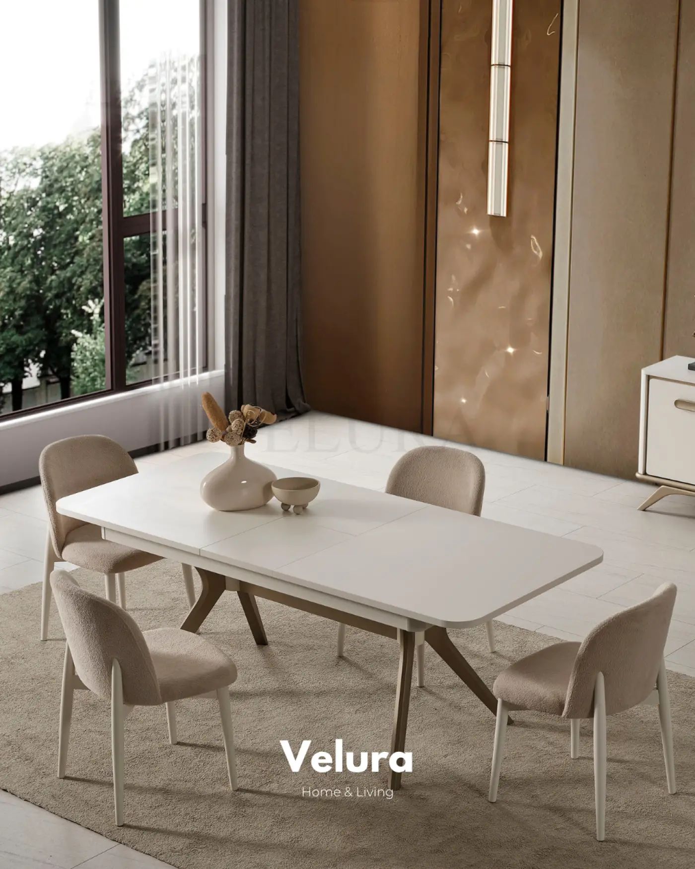 Nova Yemek Masası Krem gold detaylı açılabilir modern yemek masası