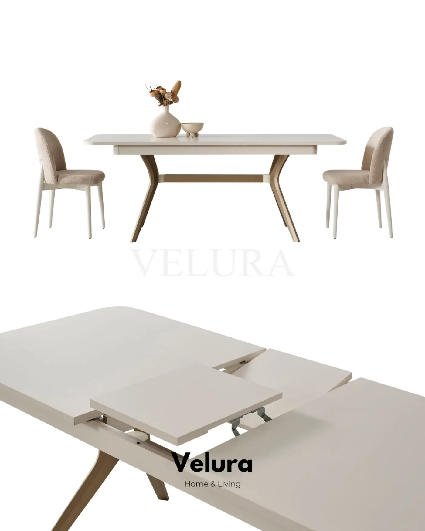 Nova Yemek Masası Krem gold detaylı açılabilir modern yemek masası