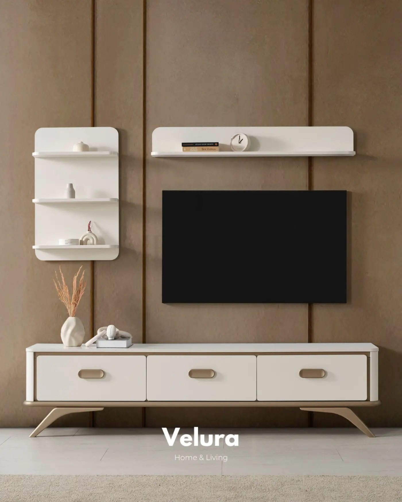 Nova Tv Ünitesi Krem gold detaylı modern salon tv ünitesi