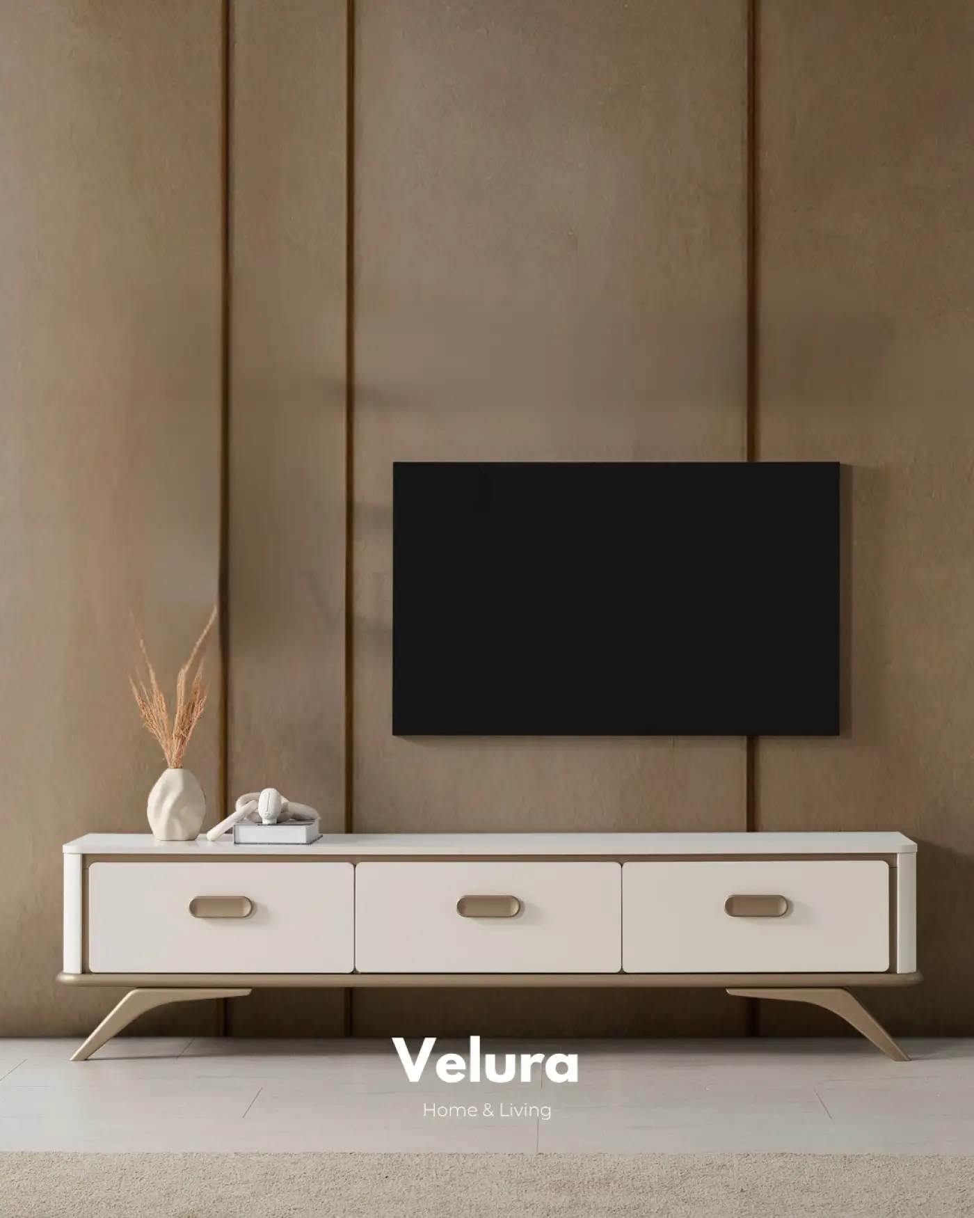 Nova Tv Ünitesi Krem gold detaylı modern salon tv ünitesi