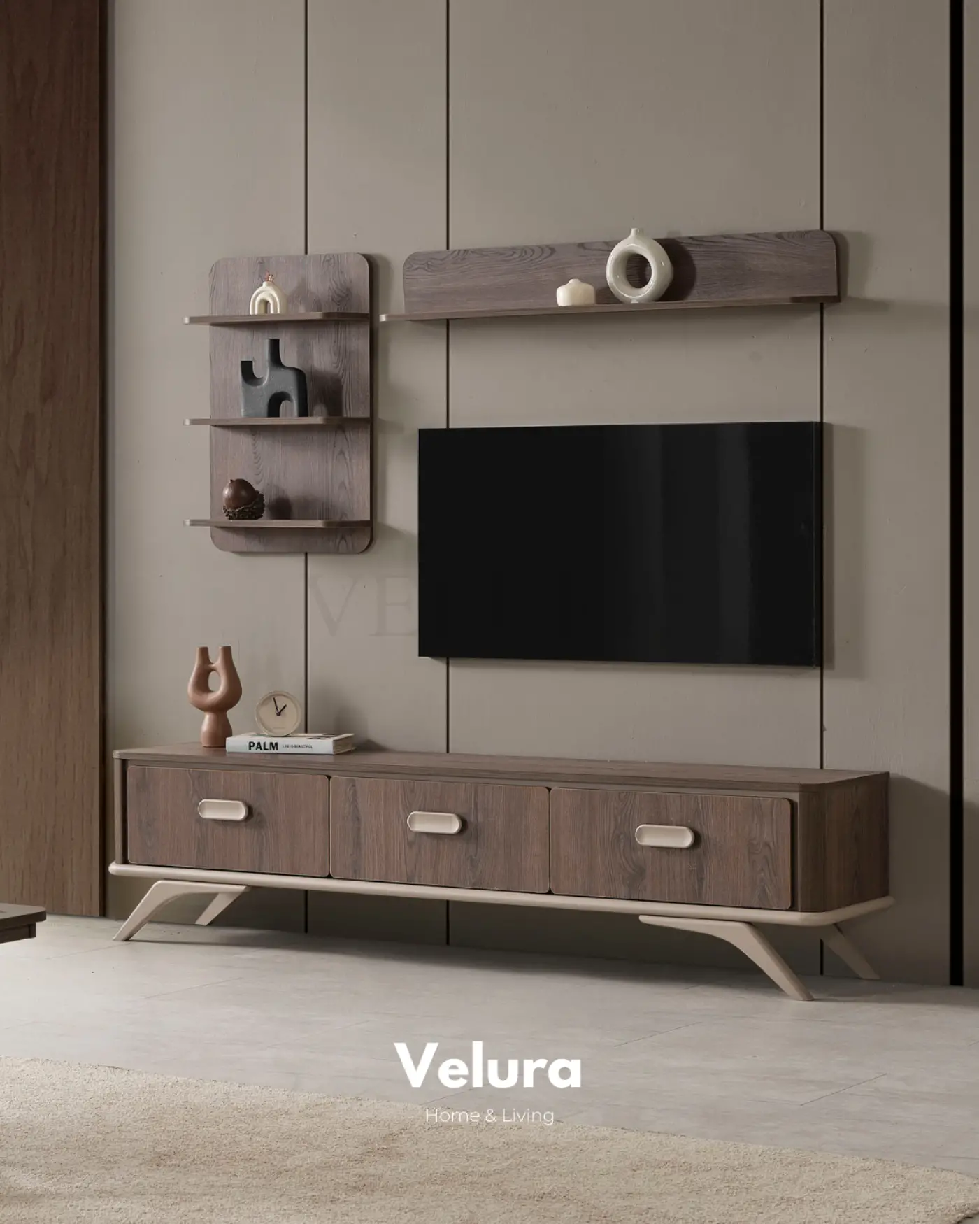 Velura Home Nova Tv Ünitesi Koyu Ceviz gold detaylı salon mobilyası