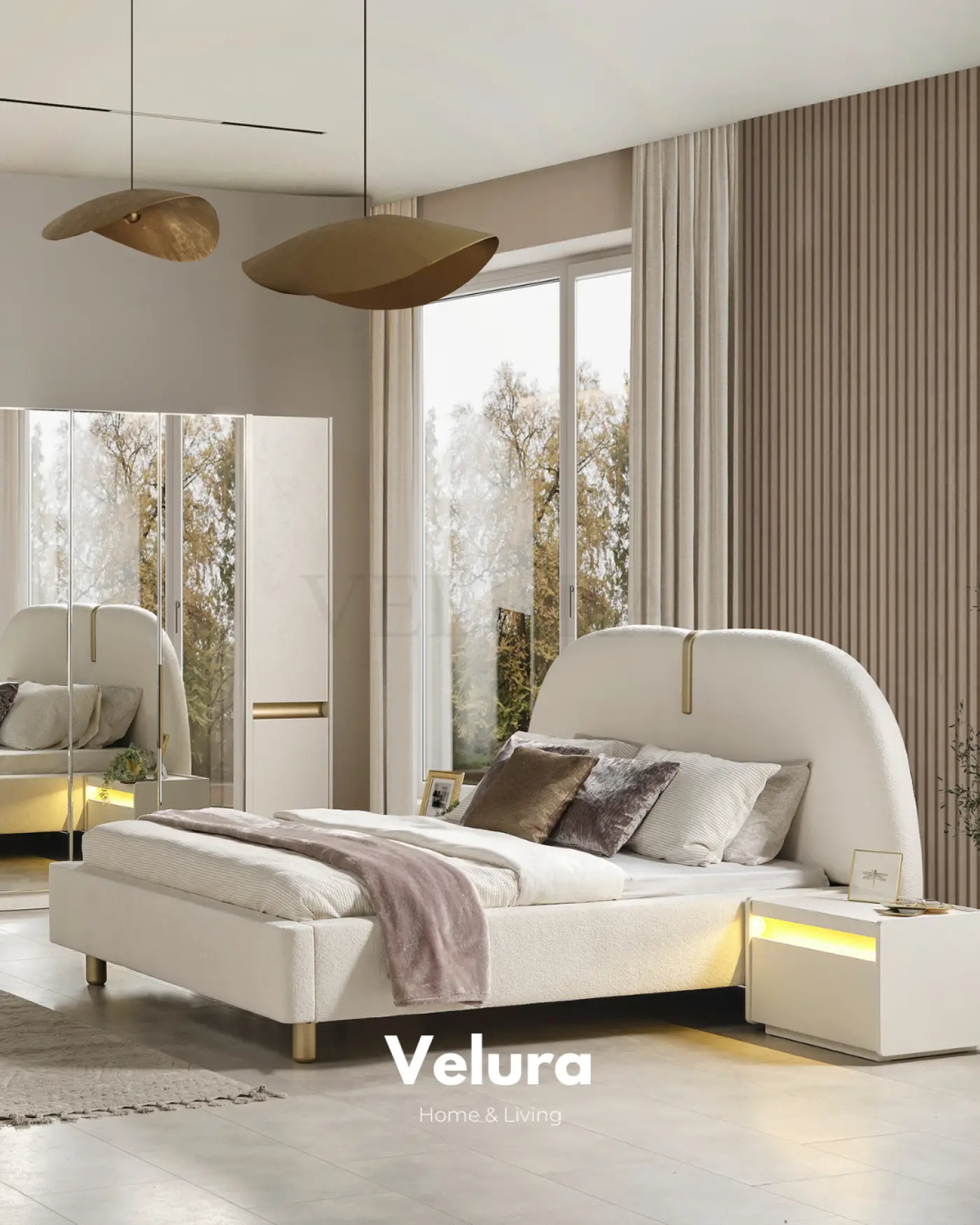 Velura Home Bern komodin krem renk modern tasarım aydınlatmalı