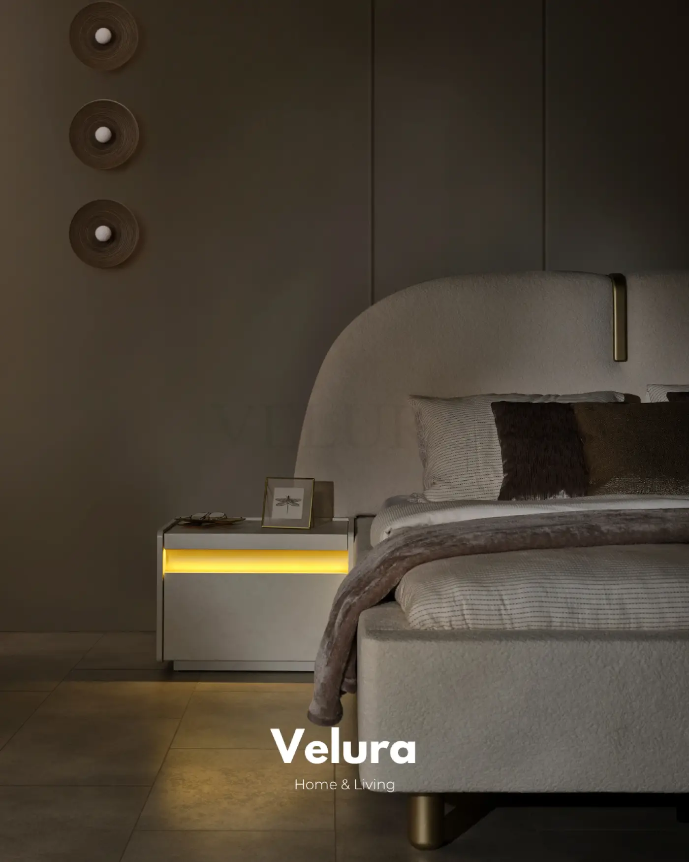 Velura Home Bern komodin krem renk modern tasarım aydınlatmalı