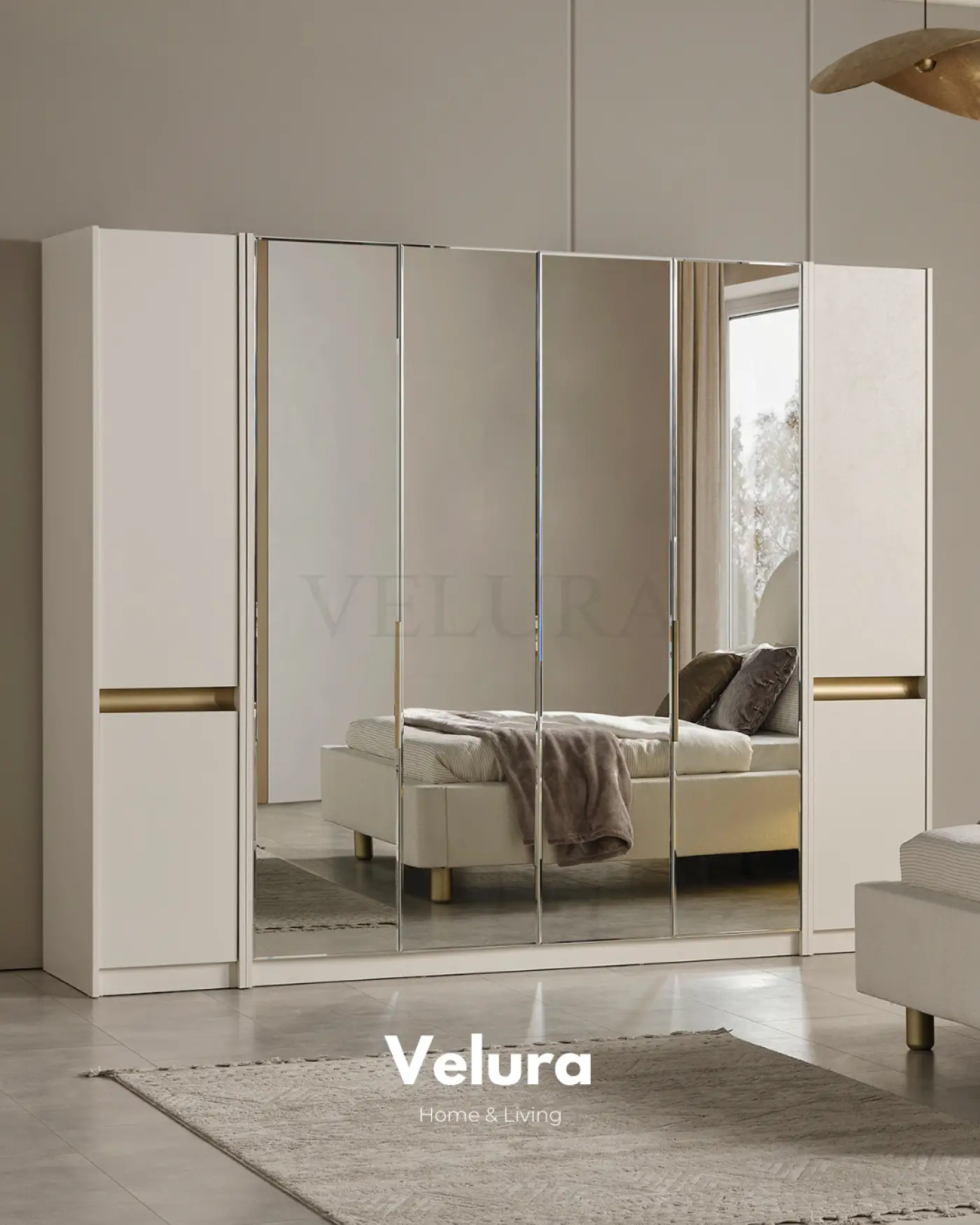 Krem modern Bern yatak odası takımı aynalı dolaplı set görünümü