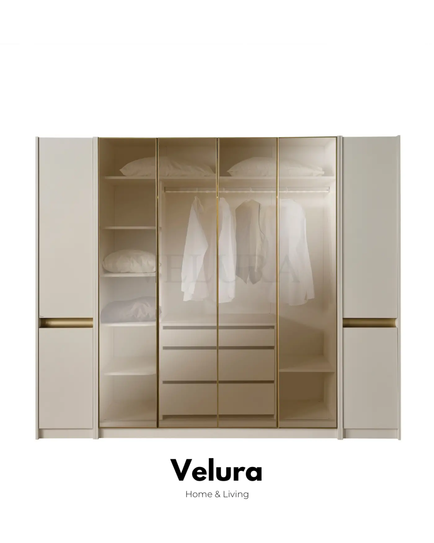 Velura Home Bern 6 kapaklı dolap krem renk reflektif cam detaylı