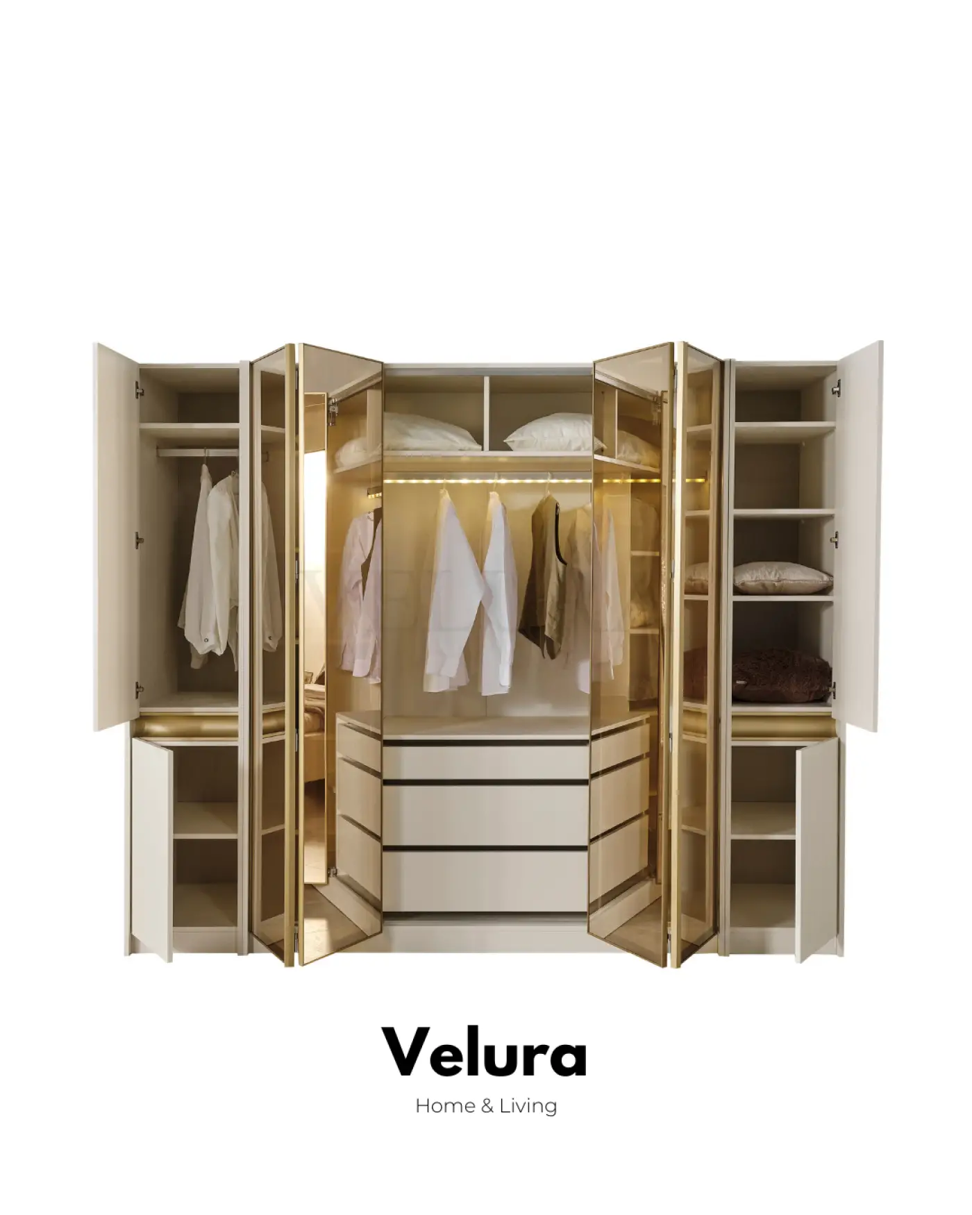 Krem modern Bern yatak odası takımı reflektif dolaplı set görünümü