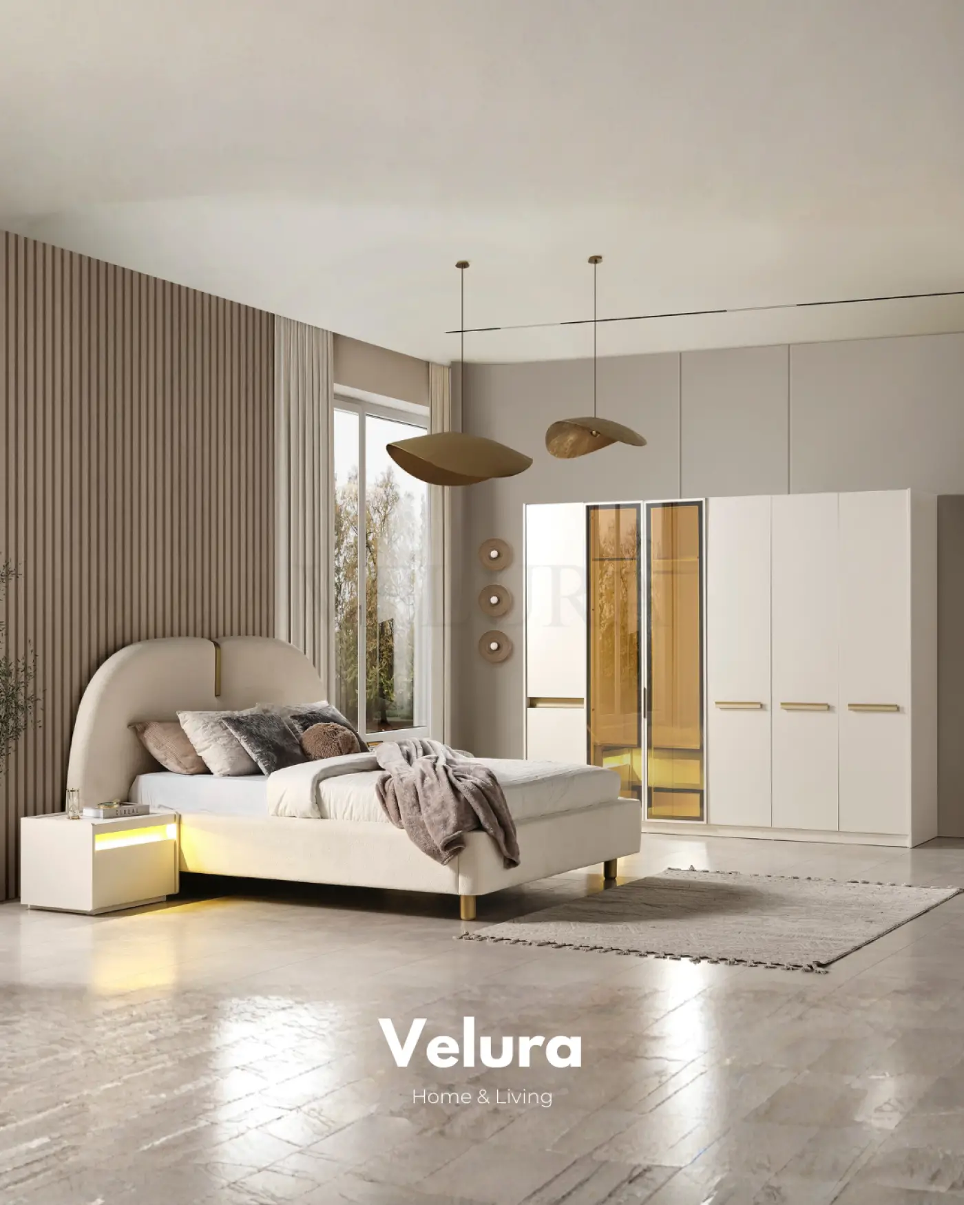 Krem modern Bern yatak odası takımı reflektif dolaplı set görünümü