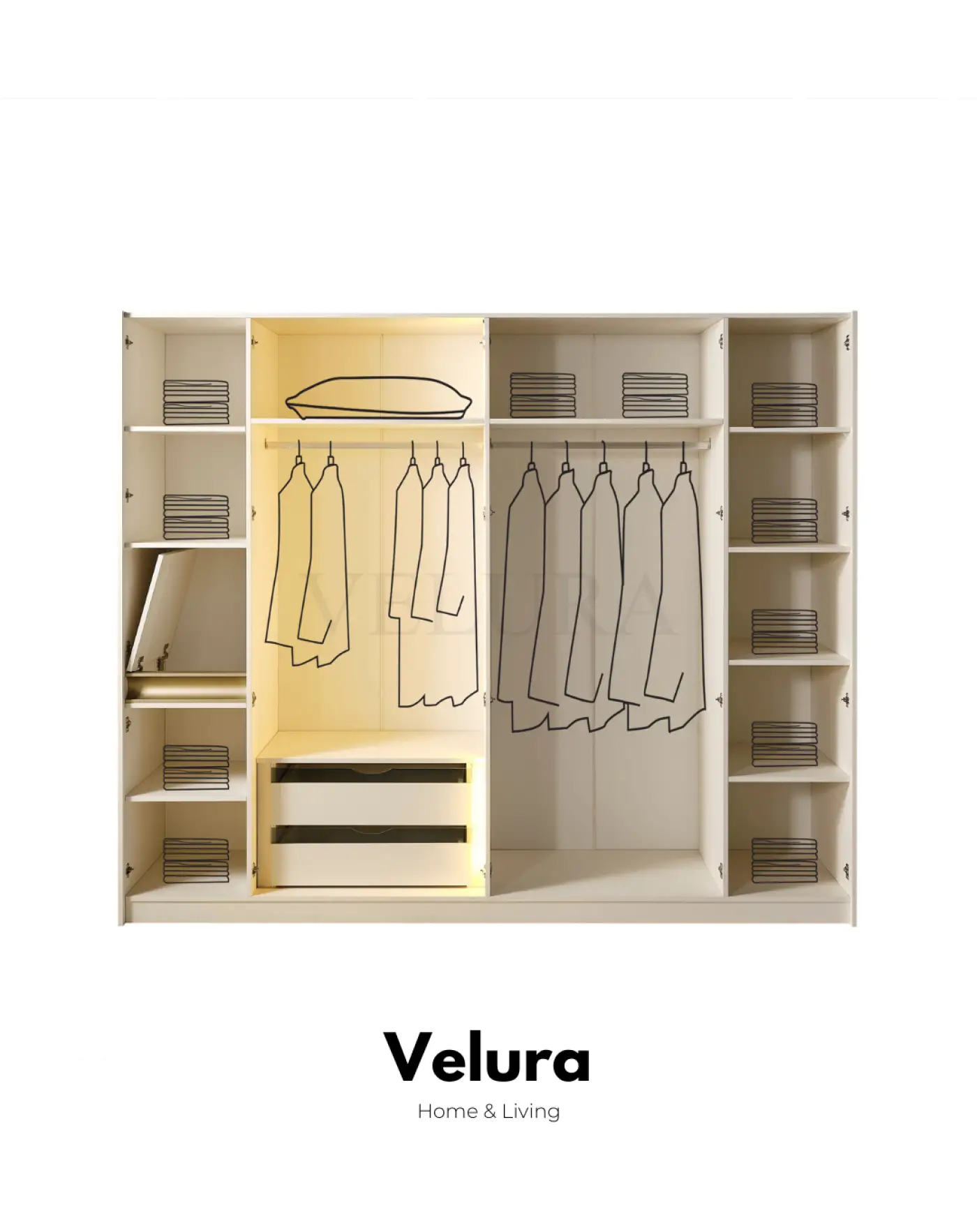 Velura Home Bern 6 kapaklı dolap krem renk reflektif cam detaylı