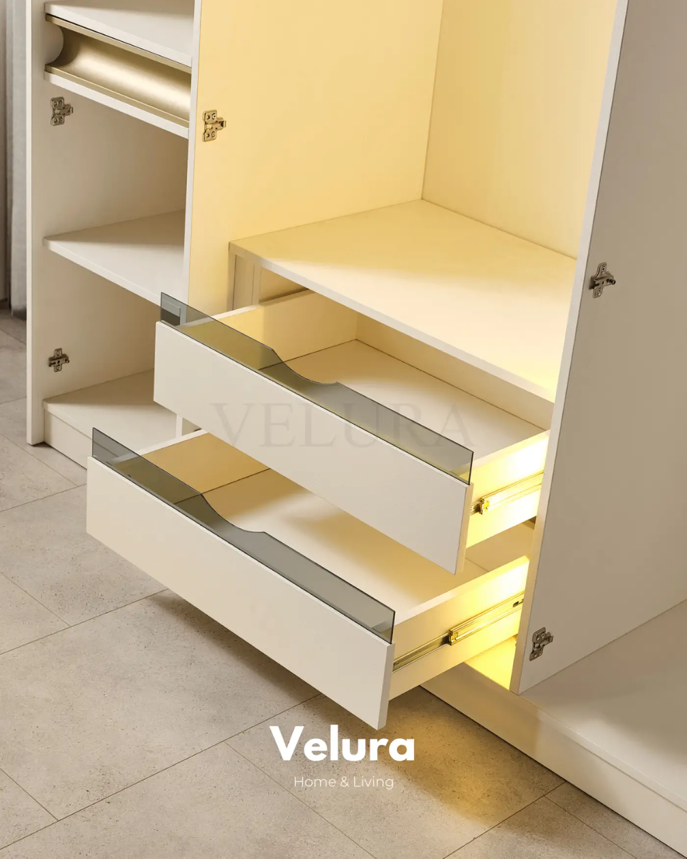 Velura Home Bern 6 kapaklı dolap krem renk reflektif cam detaylı