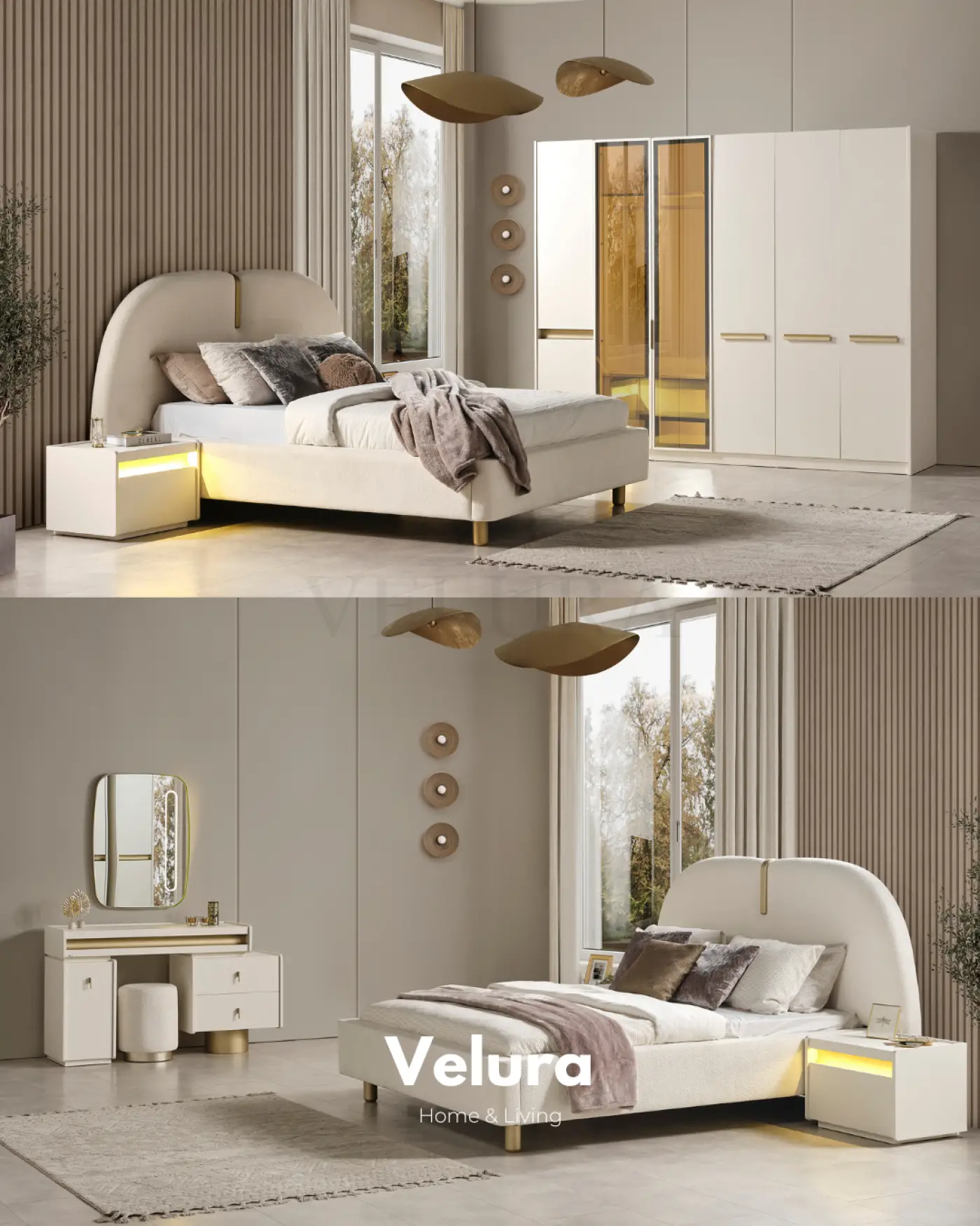 Krem modern Bern yatak odası takımı reflektif dolaplı set görünümü
